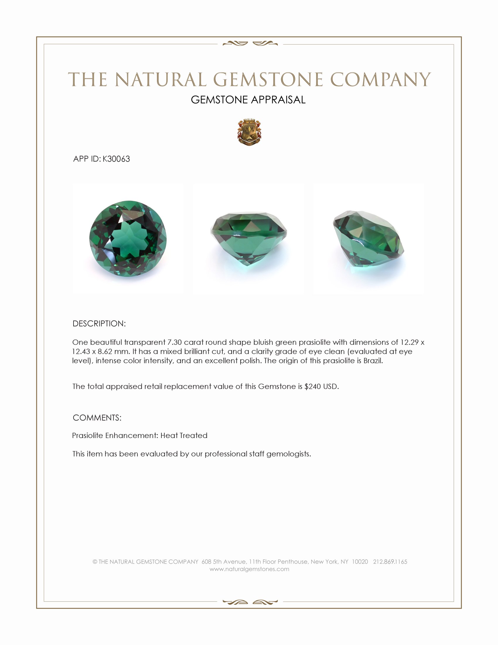 7.30 Ct. Bluish Green Prasiolite from Brazil