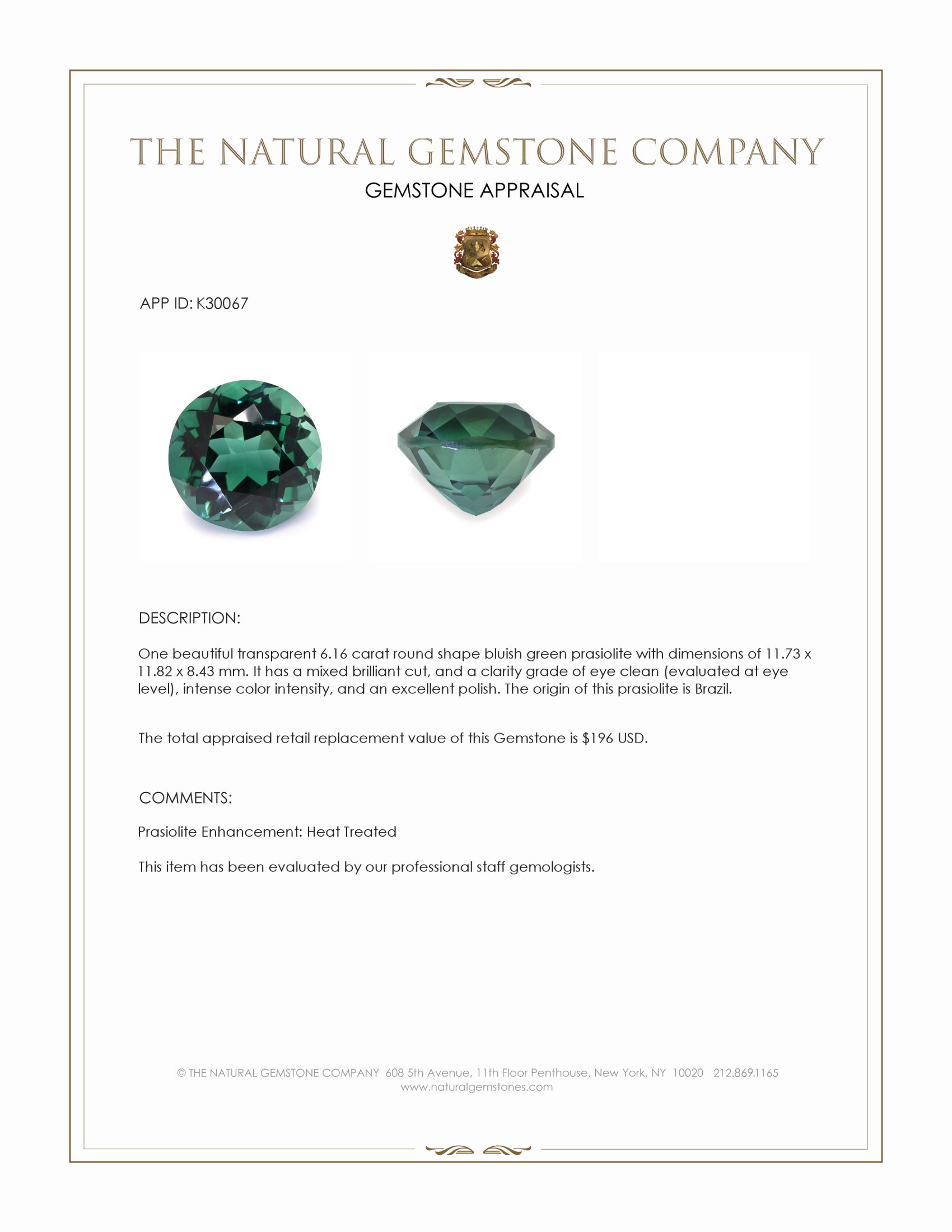 6.16 Ct. Bluish Green Prasiolite from Brazil