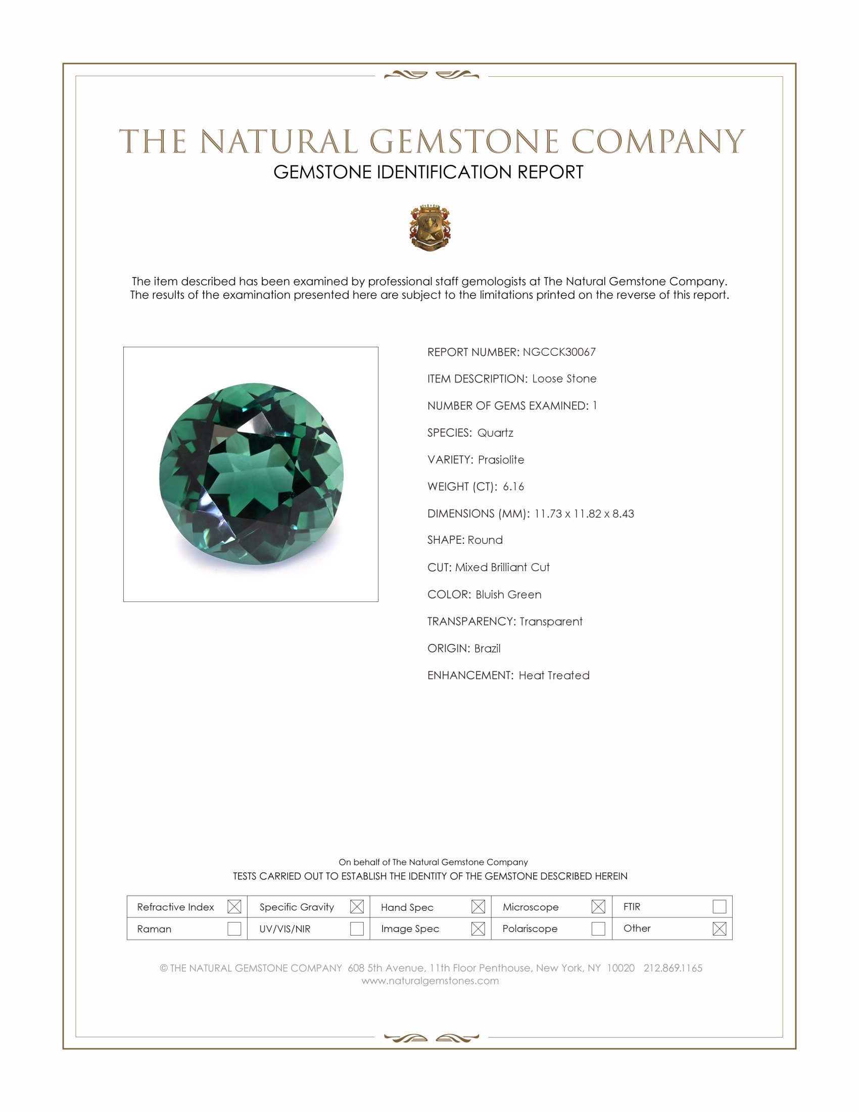 6.16 Ct. Bluish Green Prasiolite from Brazil