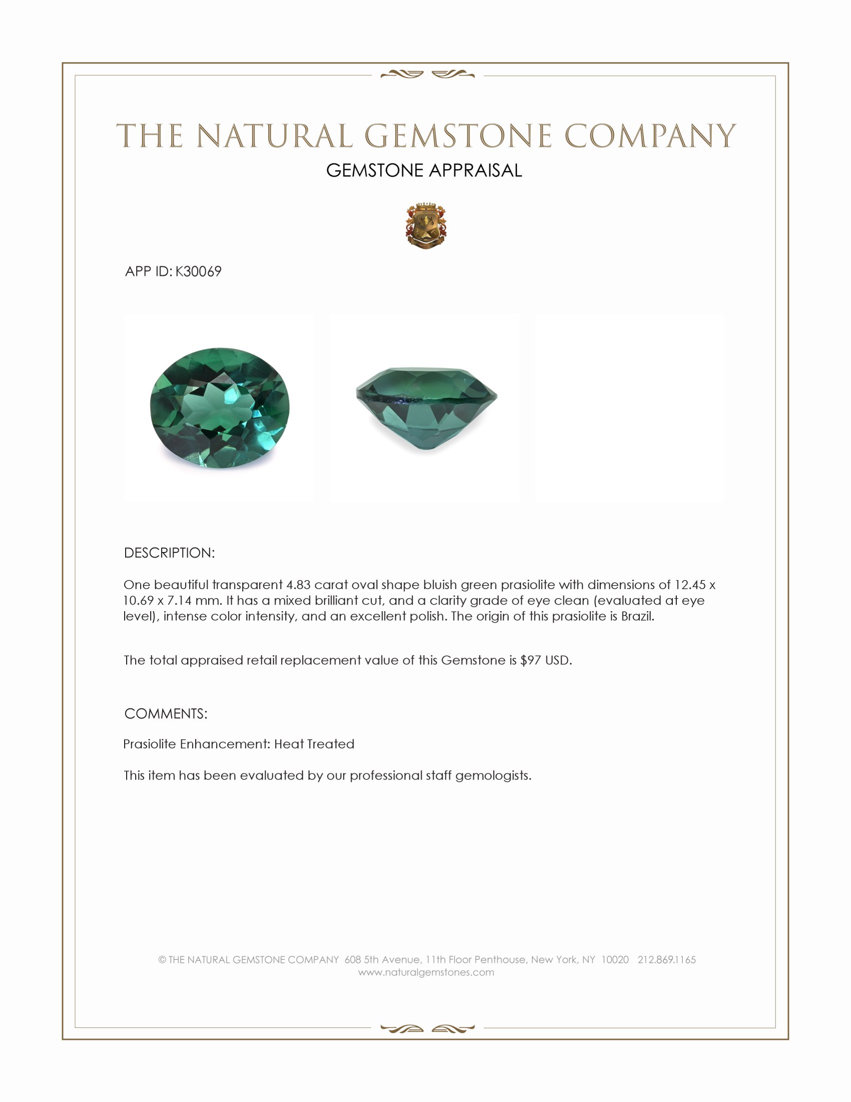 4.83 Ct. Bluish Green Prasiolite from Brazil