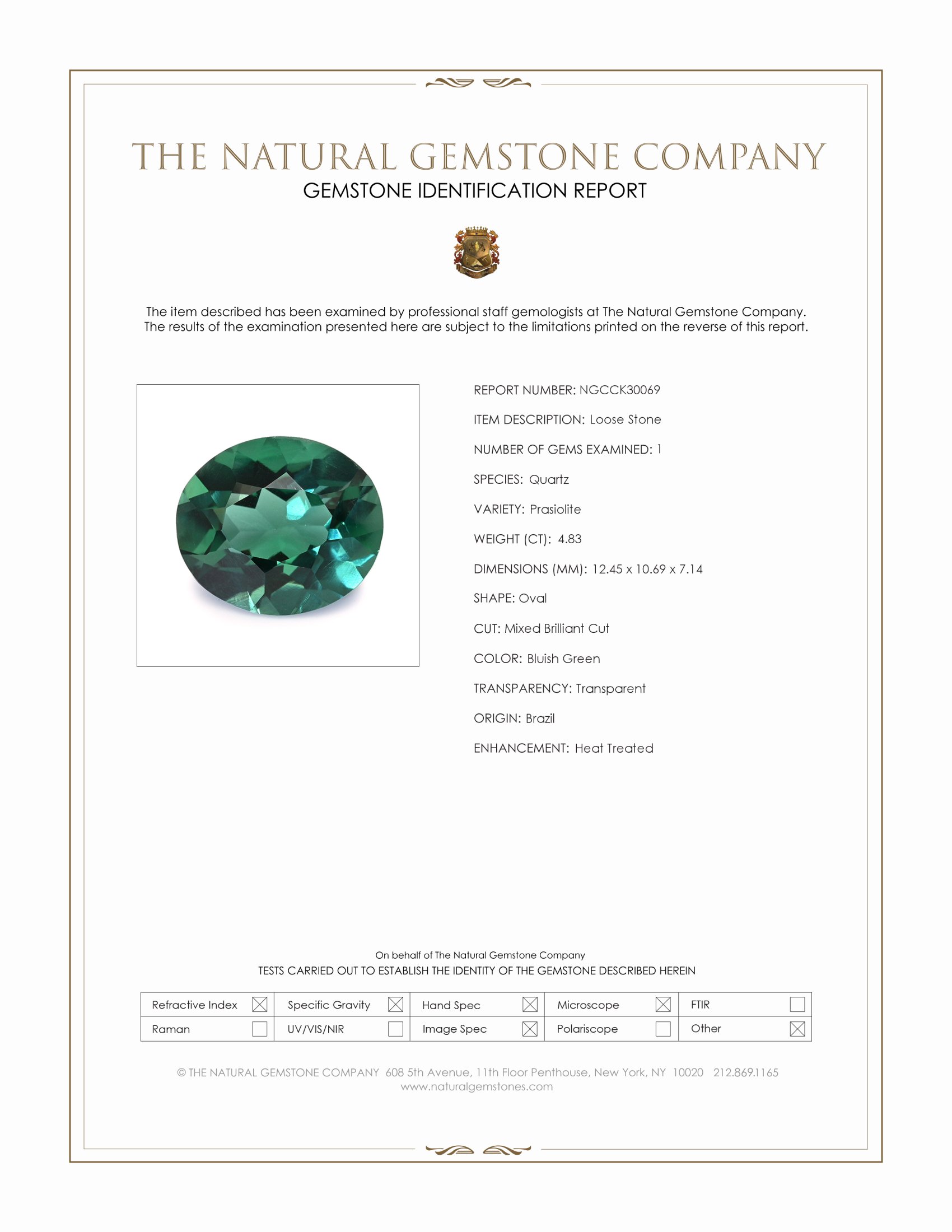 4.83 Ct. Bluish Green Prasiolite from Brazil