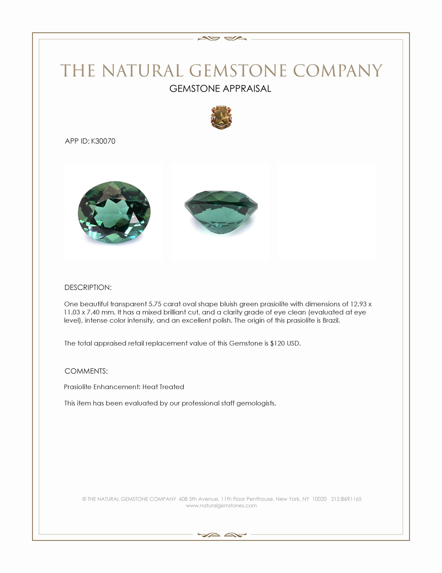 5.75 Ct. Bluish Green Prasiolite from Brazil
