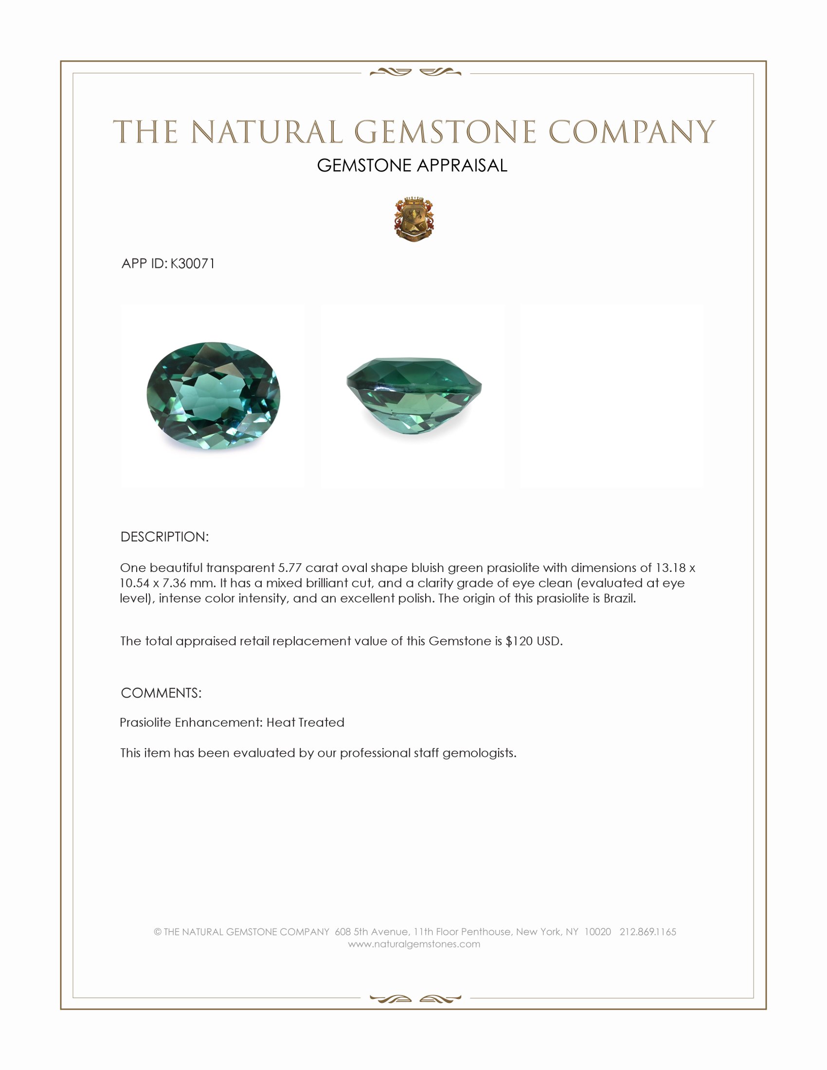 5.77 Ct. Bluish Green Prasiolite from Brazil