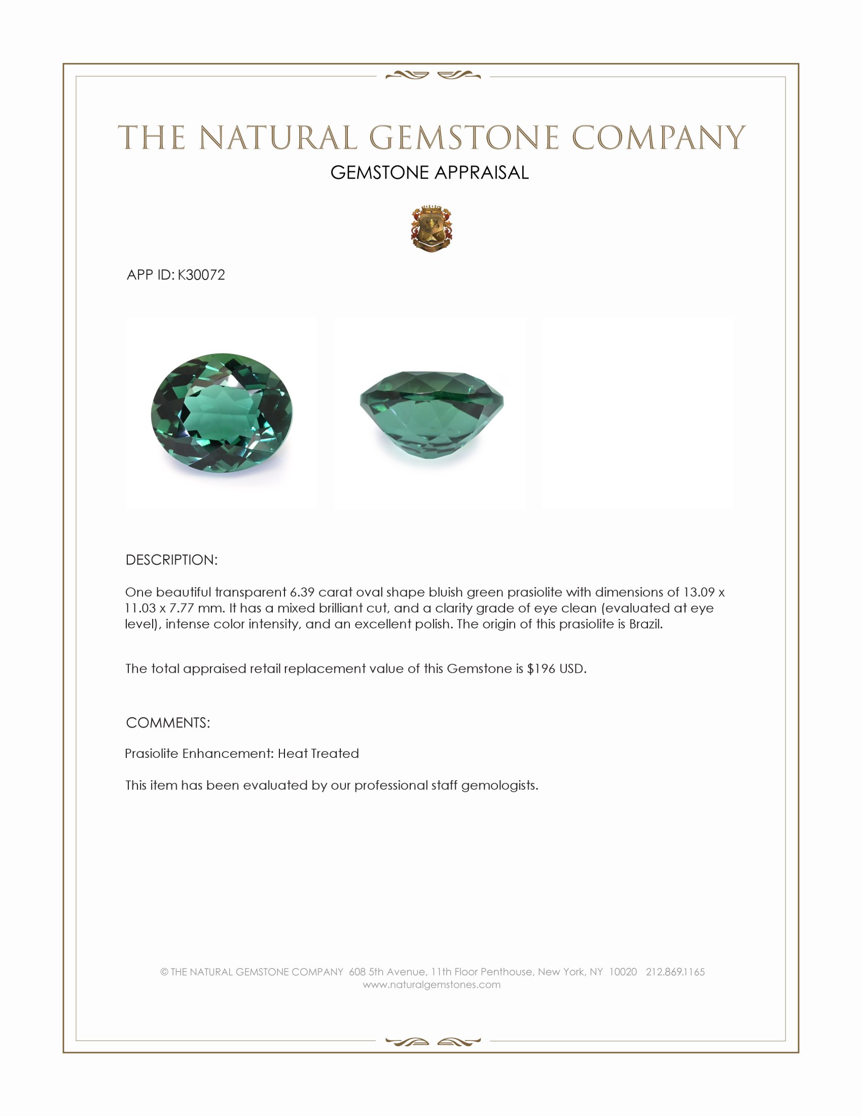 6.39 Ct. Bluish Green Prasiolite from Brazil