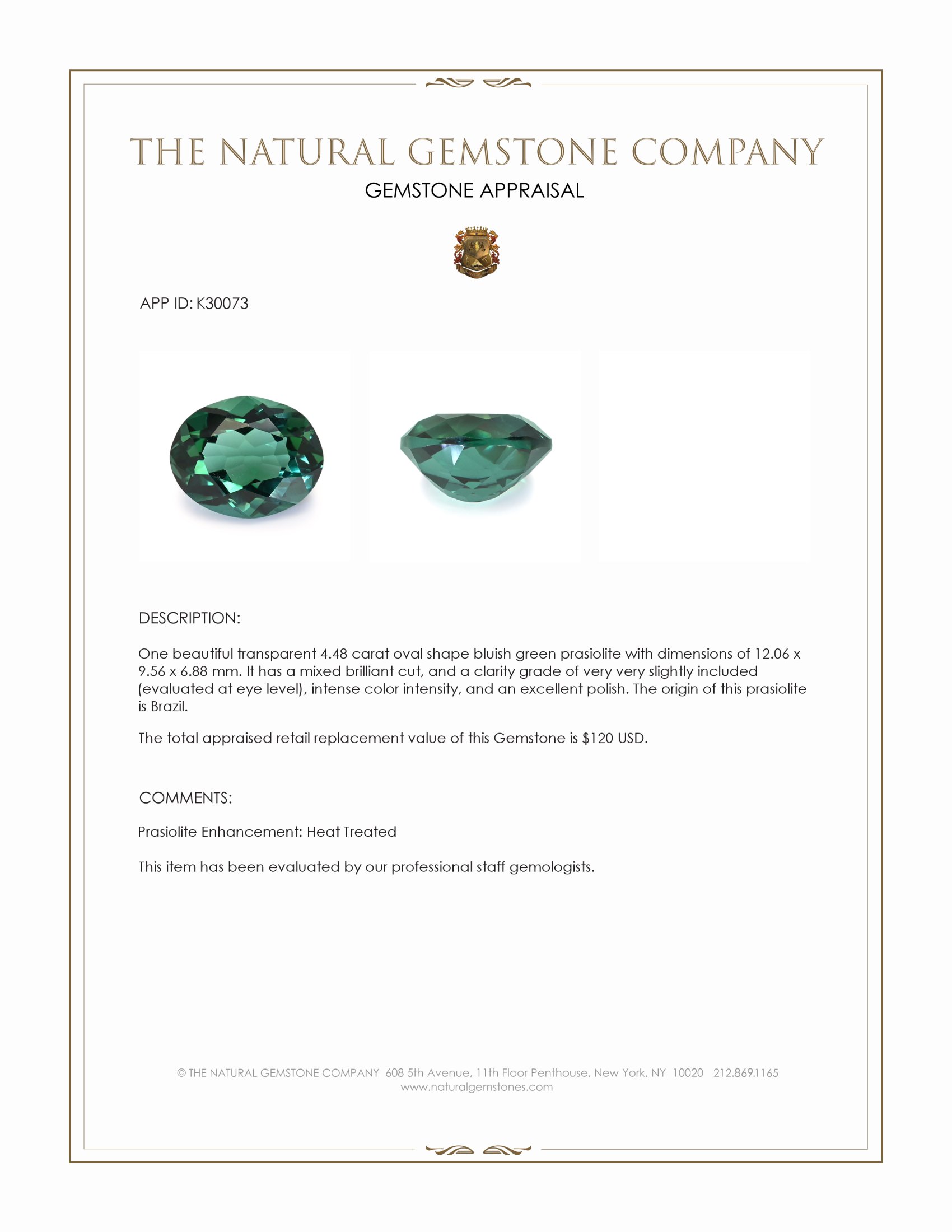4.48 Ct. Bluish Green Prasiolite from Brazil
