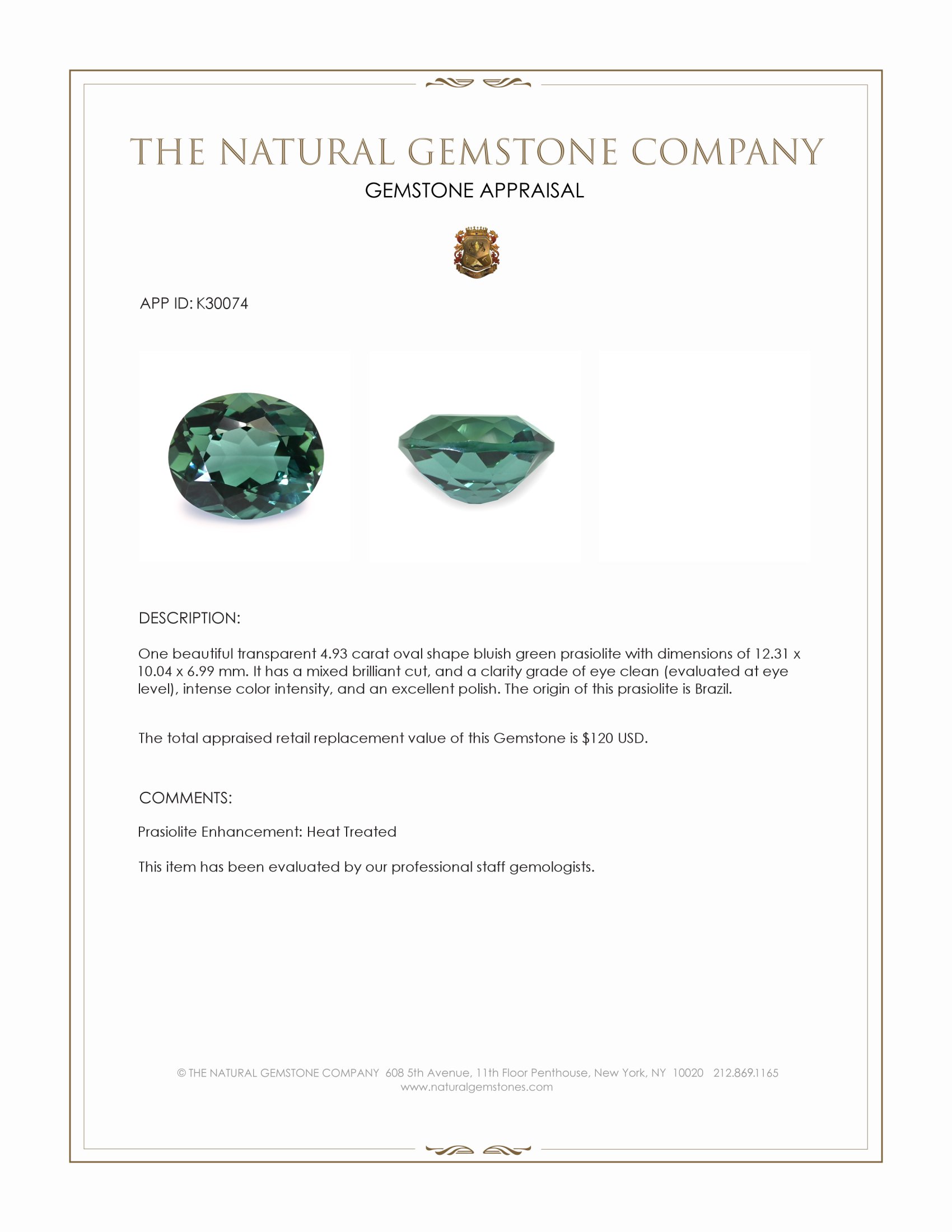 4.93 Ct. Bluish Green Prasiolite from Brazil