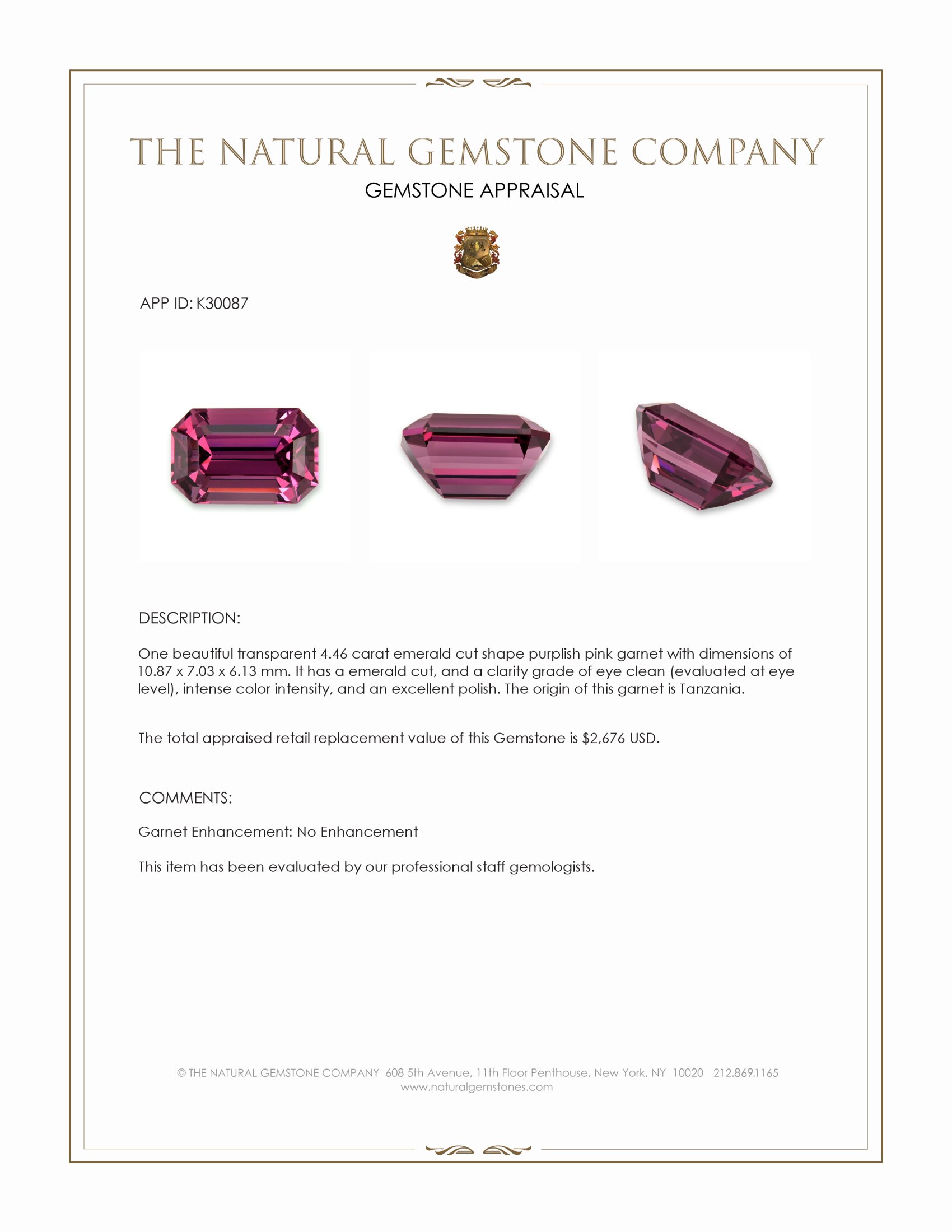 4.46 Ct. Purplish Pink Garnet from Tanzania