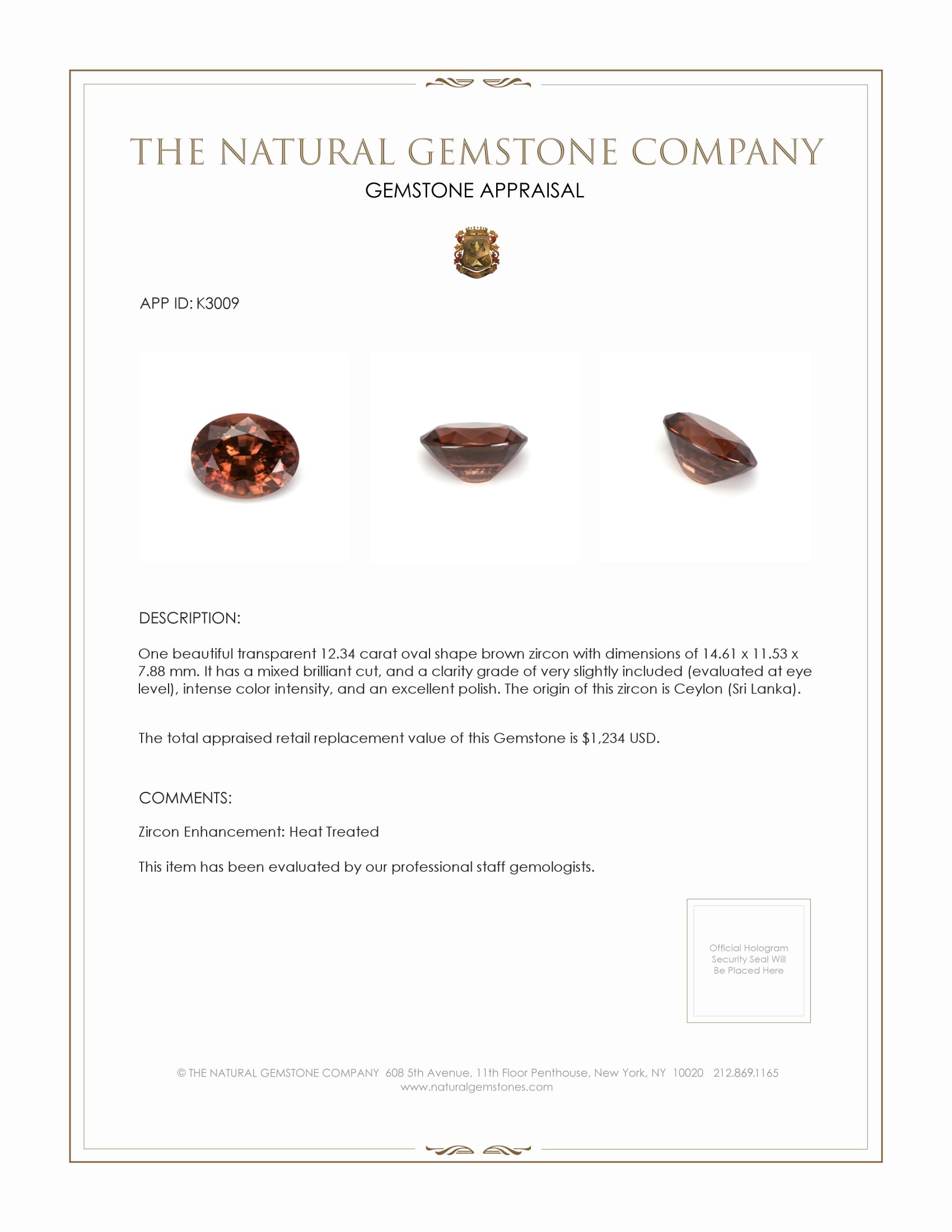 12.34 Ct. Brown Zircon from Ceylon (Sri Lanka)
