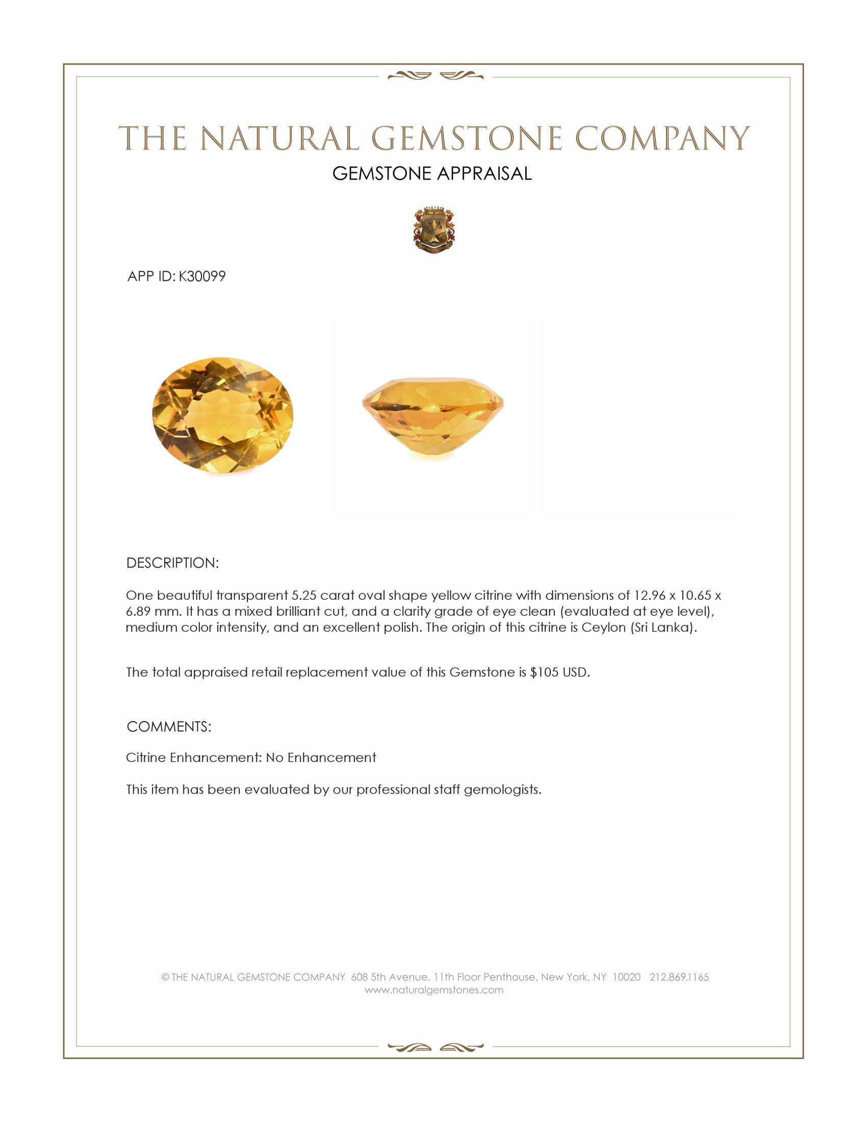 5.25 Ct. Yellow Citrine from Ceylon (Sri Lanka)
