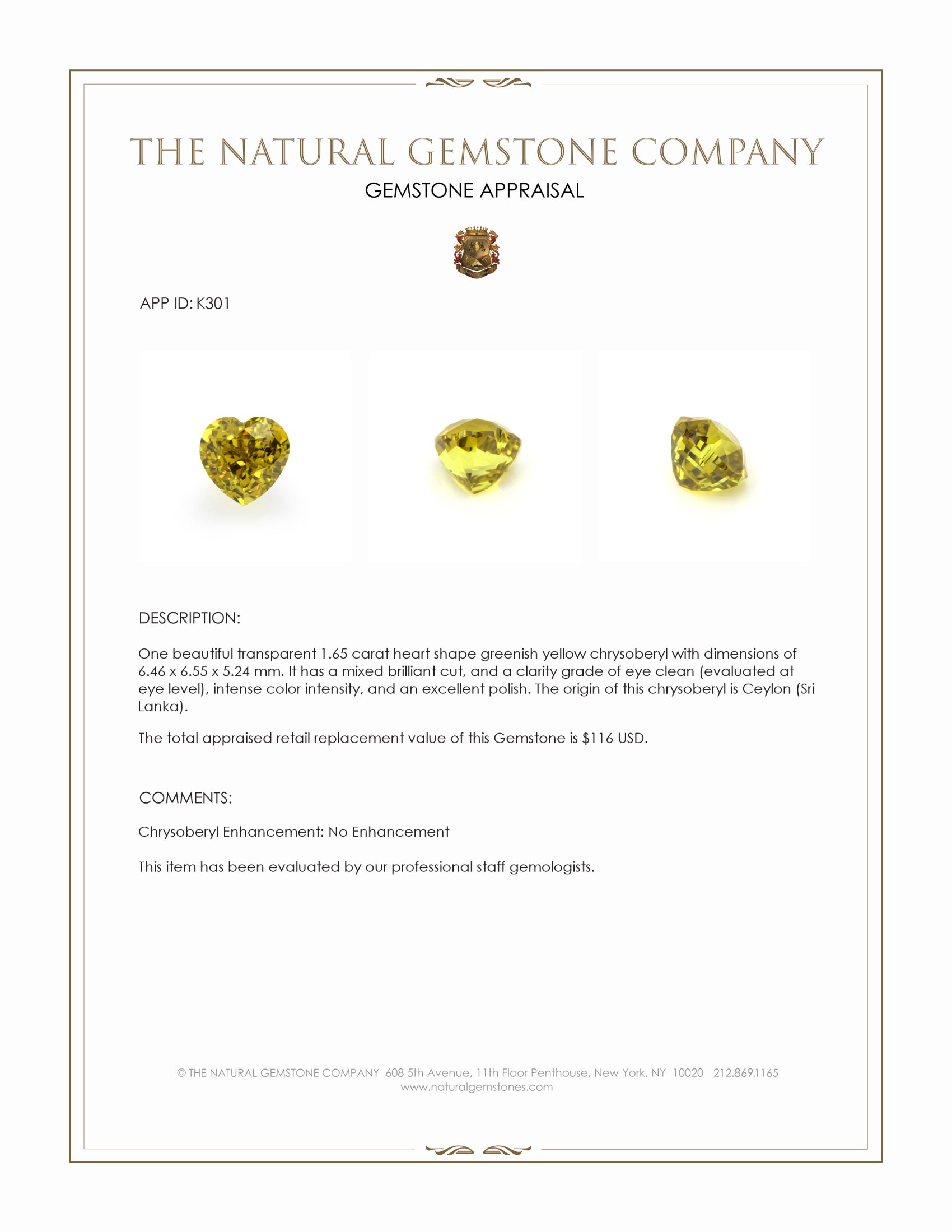 1.65 Ct. Chrysoberyl from Ceylon (Sri Lanka)