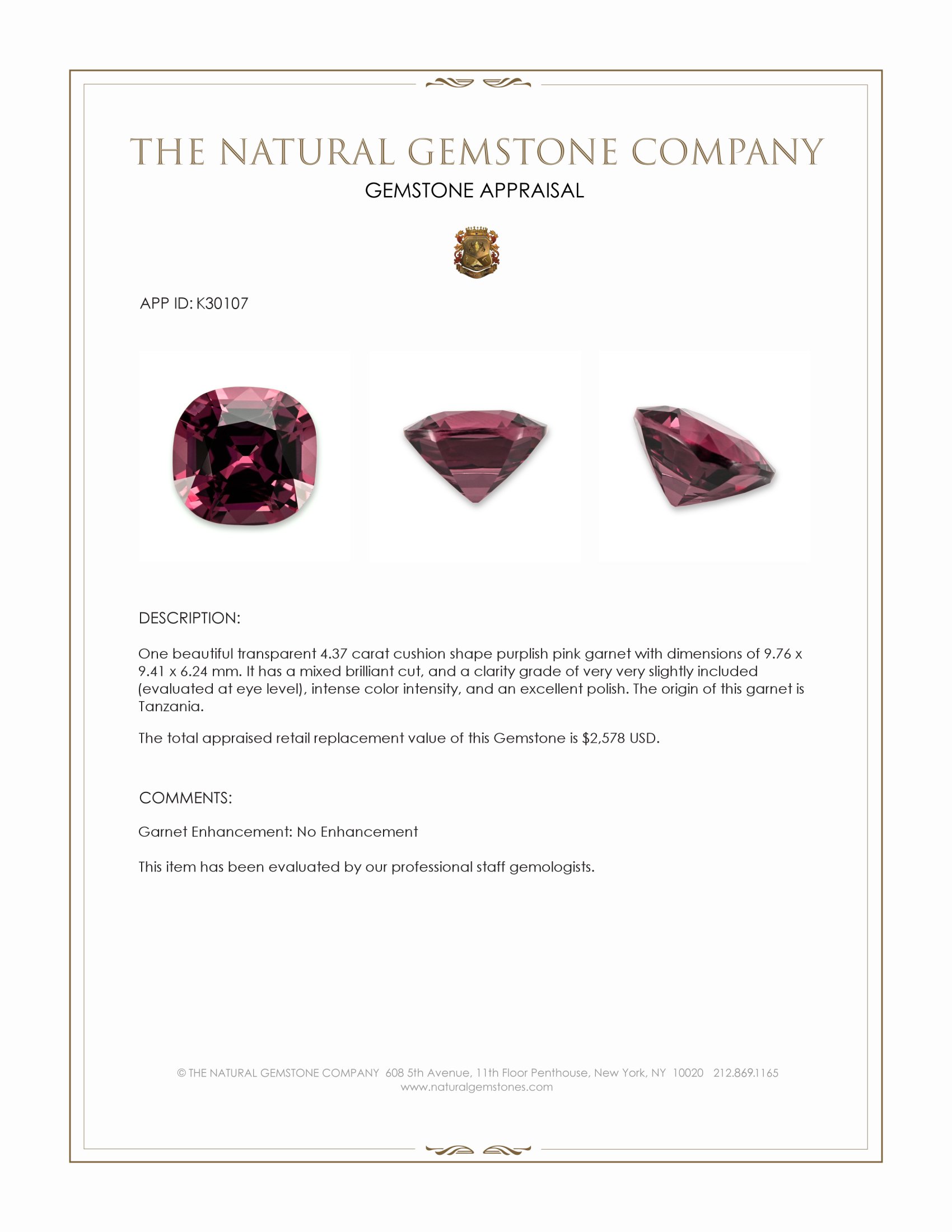 4.37 Ct. Purplish Pink Garnet from Tanzania