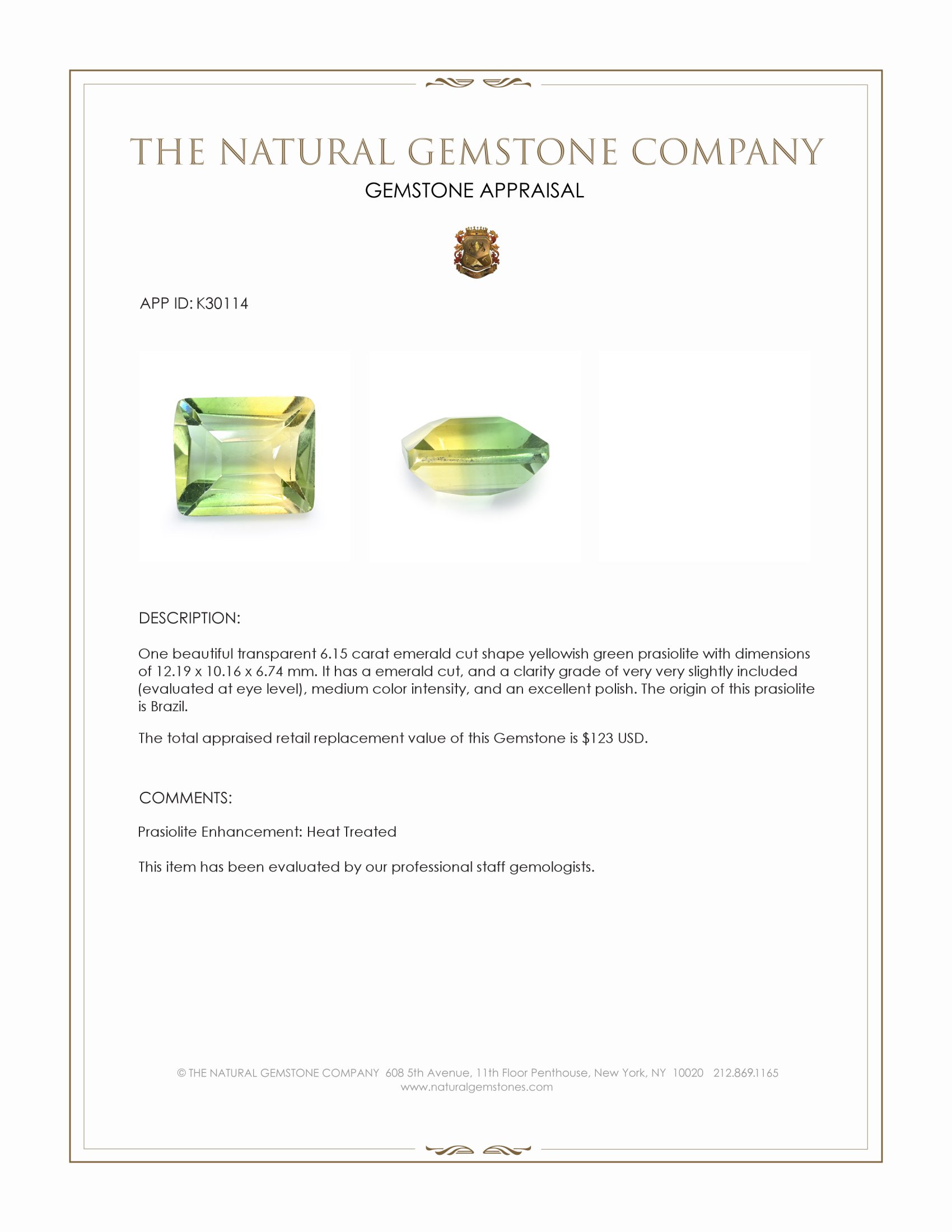 6.15 Ct. Yellowish Green Prasiolite from Brazil