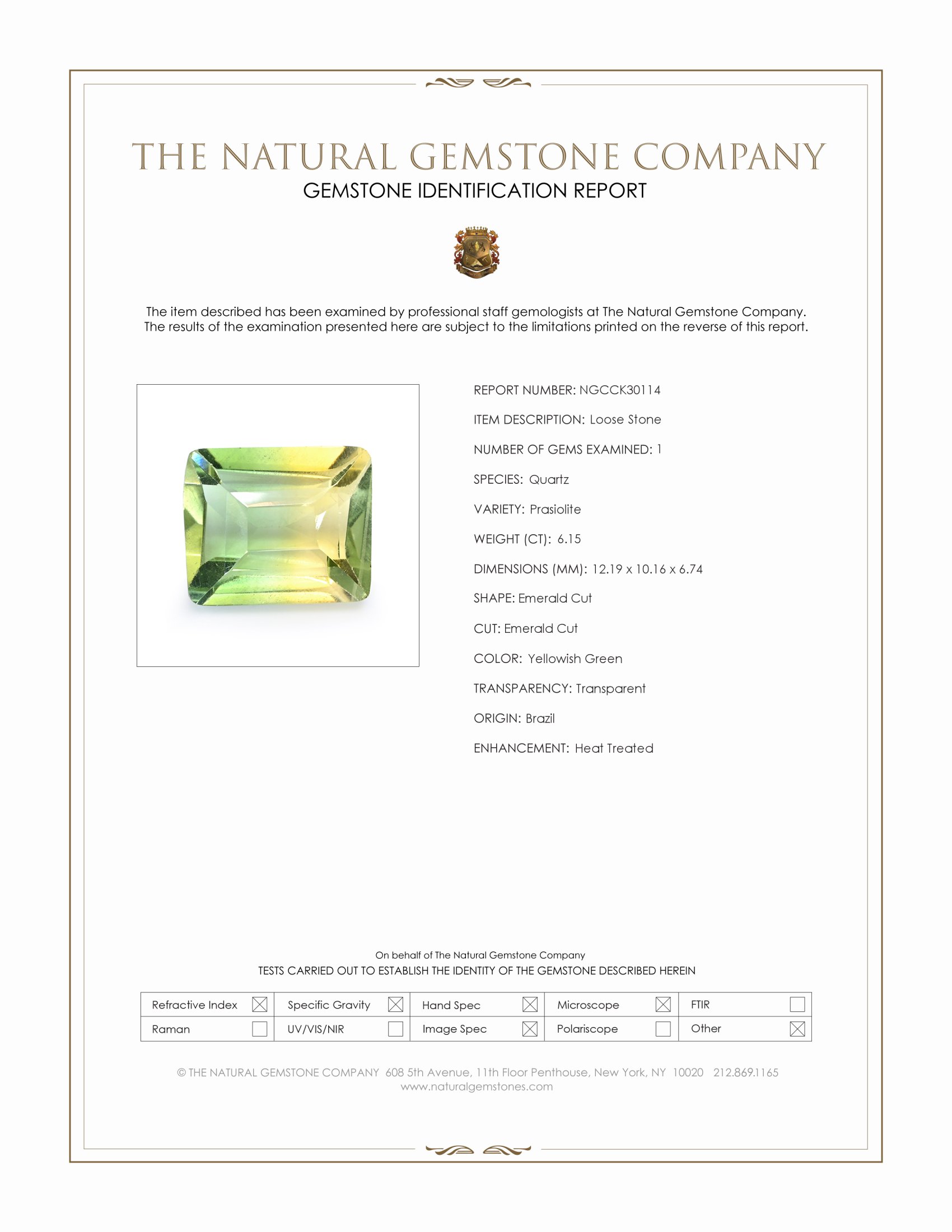 6.15 Ct. Yellowish Green Prasiolite from Brazil