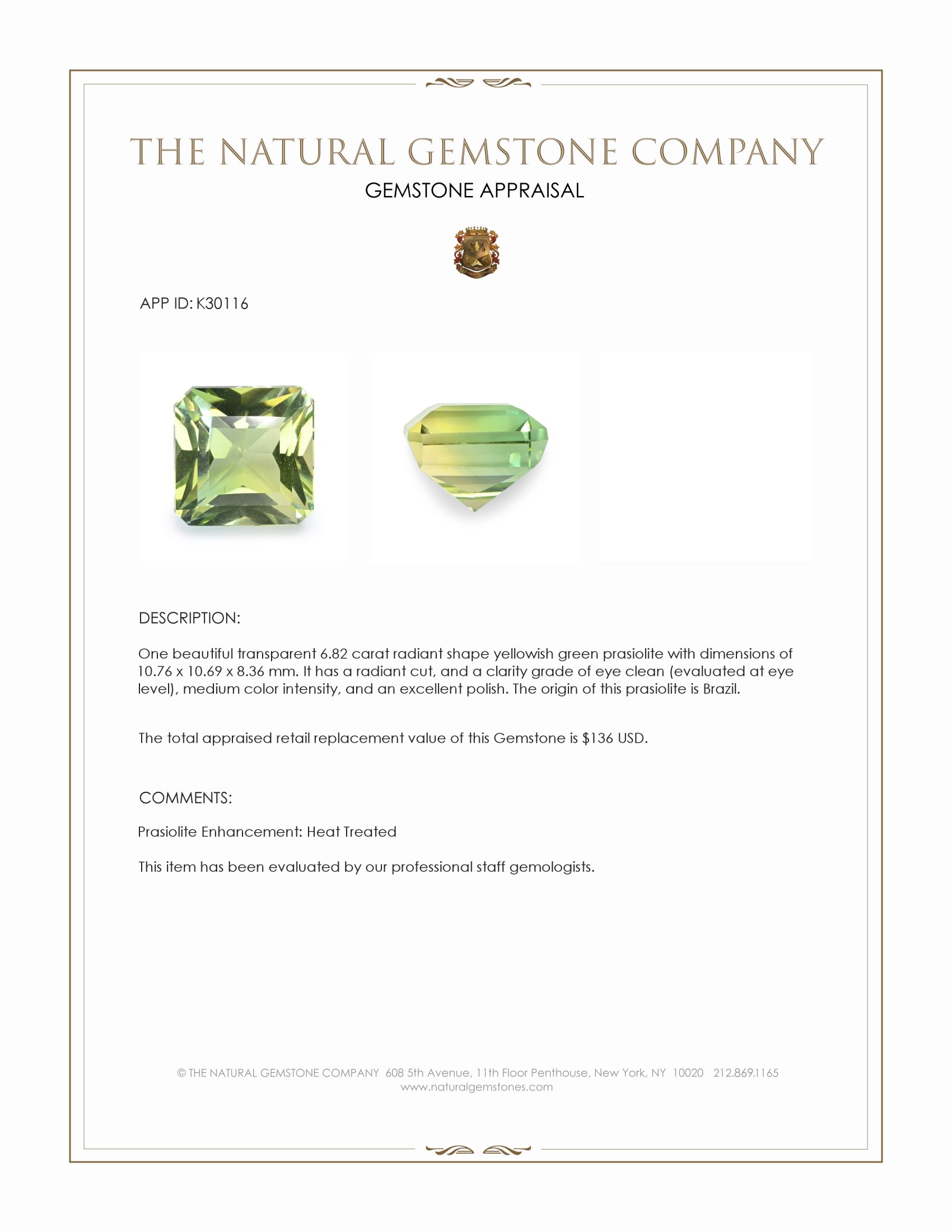 6.82 Ct. Yellowish Green Prasiolite from Brazil
