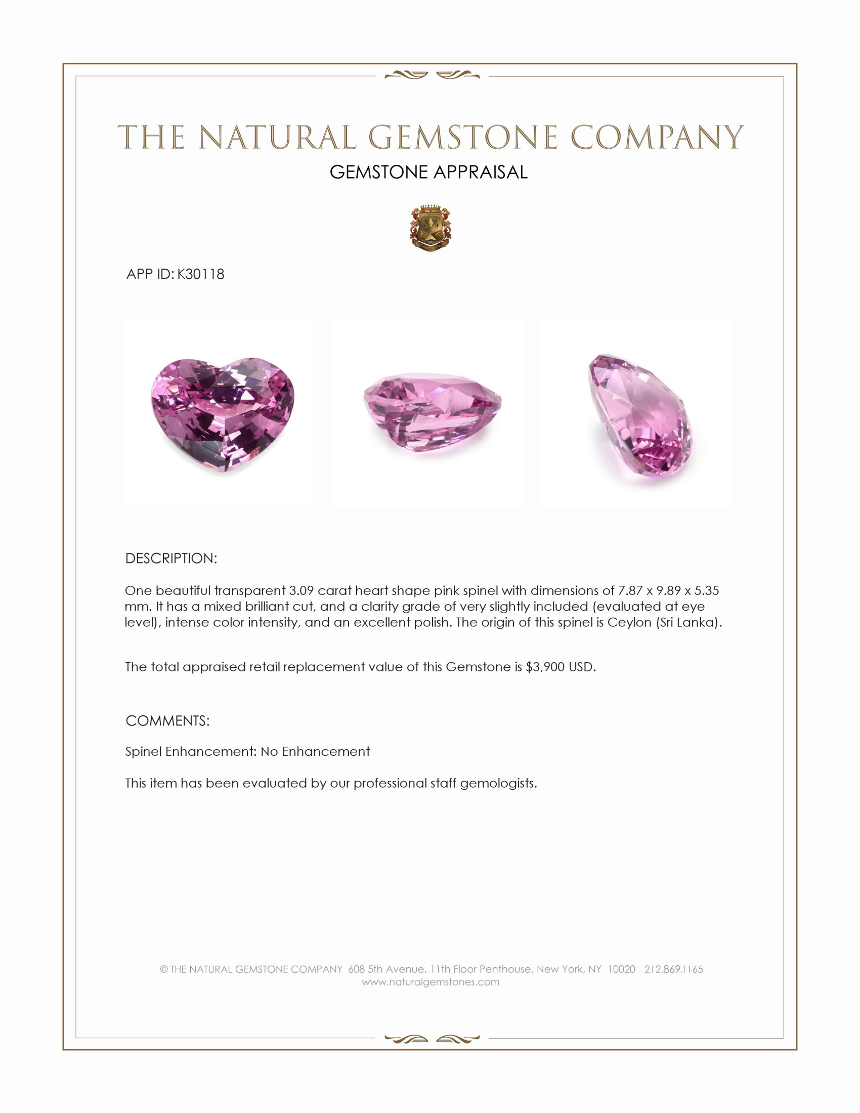 3.09 Ct. Pink Spinel from Ceylon (Sri Lanka)
