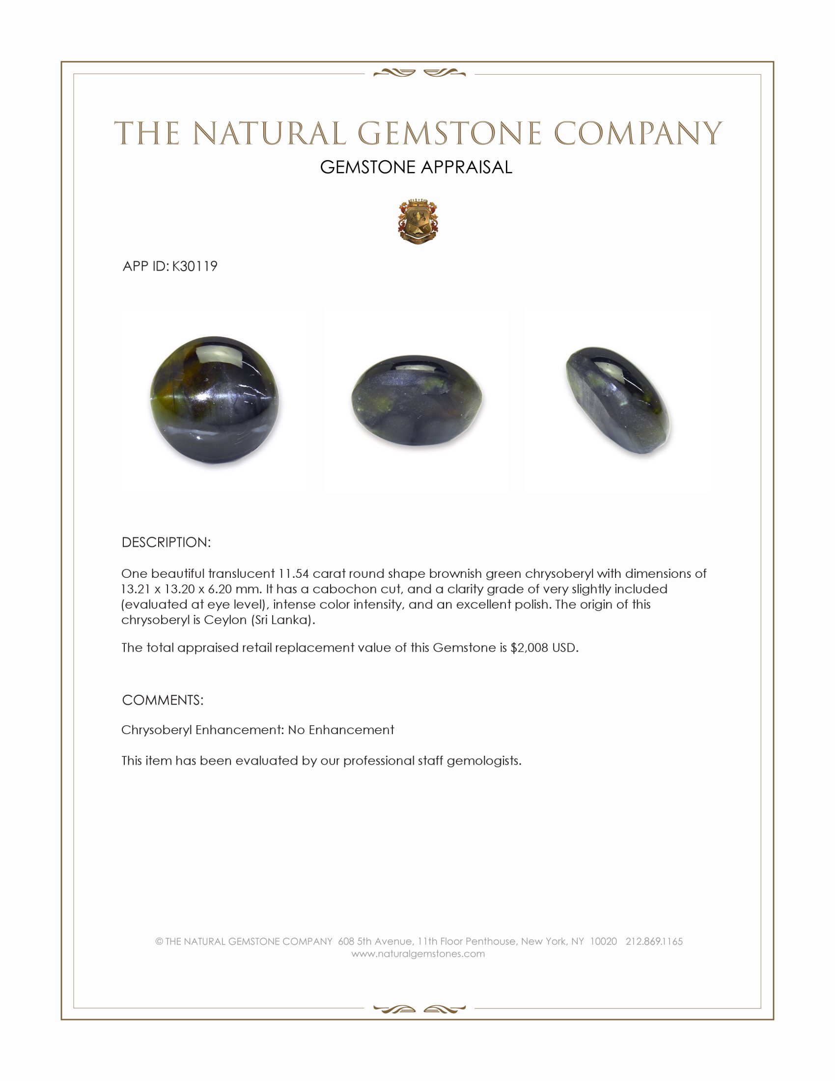11.54 Ct. Brownish Green Cabochon Chrysoberyl from Ceylon (Sri Lanka)