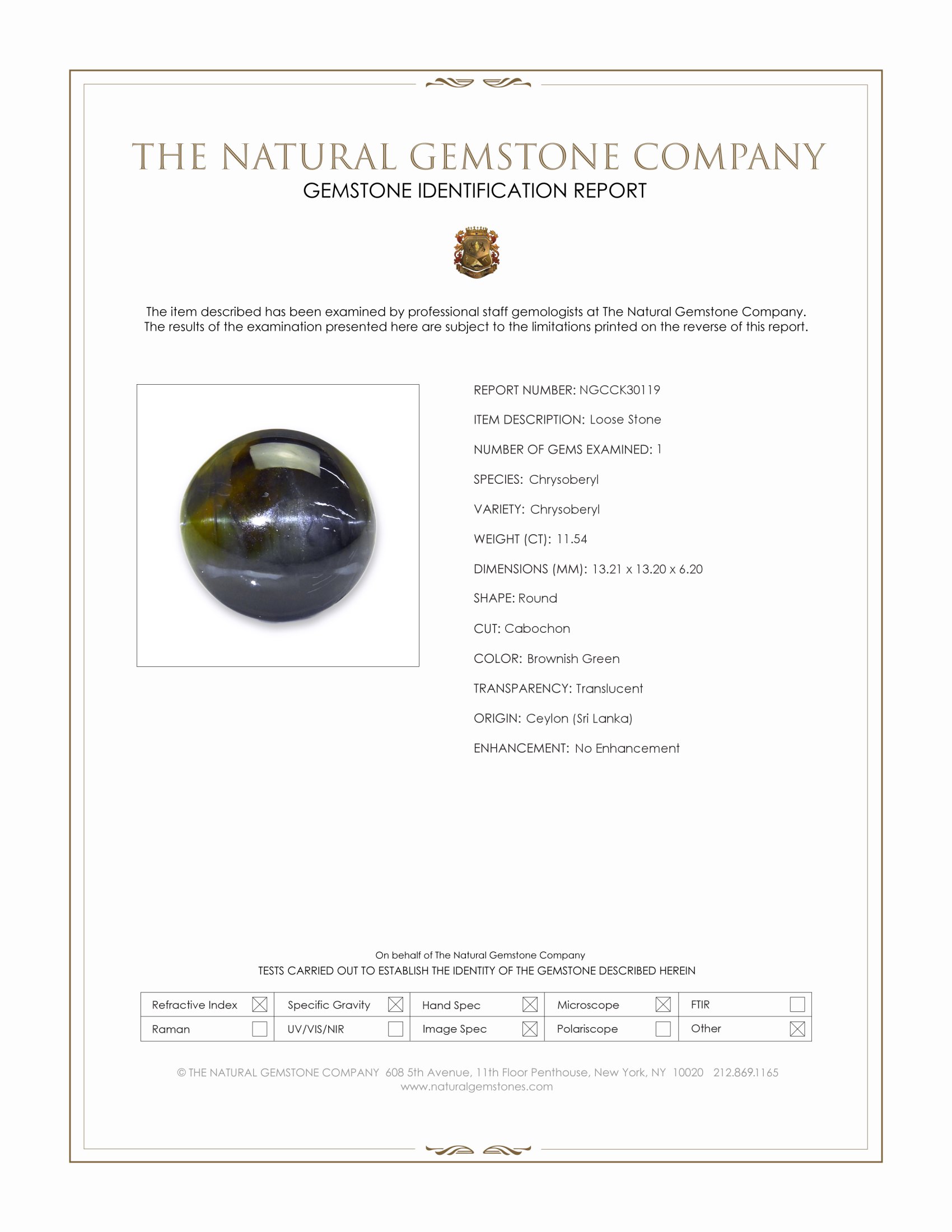 11.54 Ct. Brownish Green Cabochon Chrysoberyl from Ceylon (Sri Lanka)