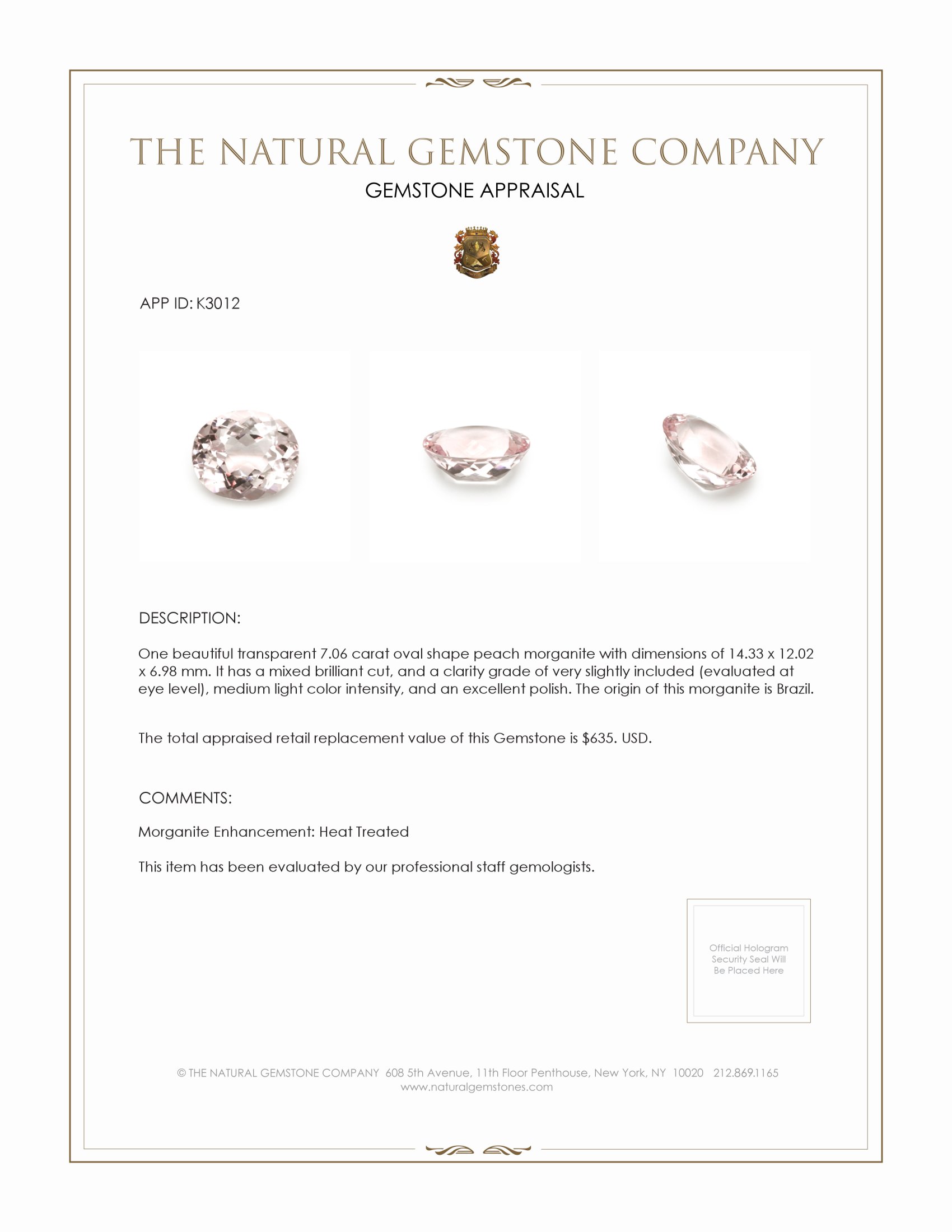 7.06 Ct. Morganite from Brazil