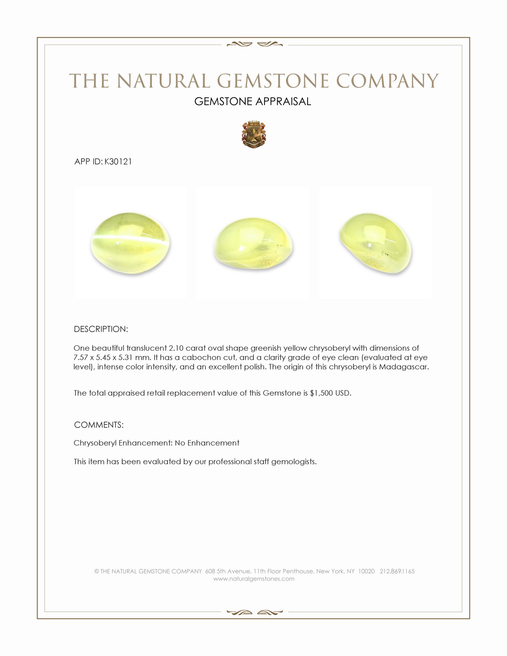 2.10 Ct. Greenish Yellow Cabochon Chrysoberyl from Madagascar