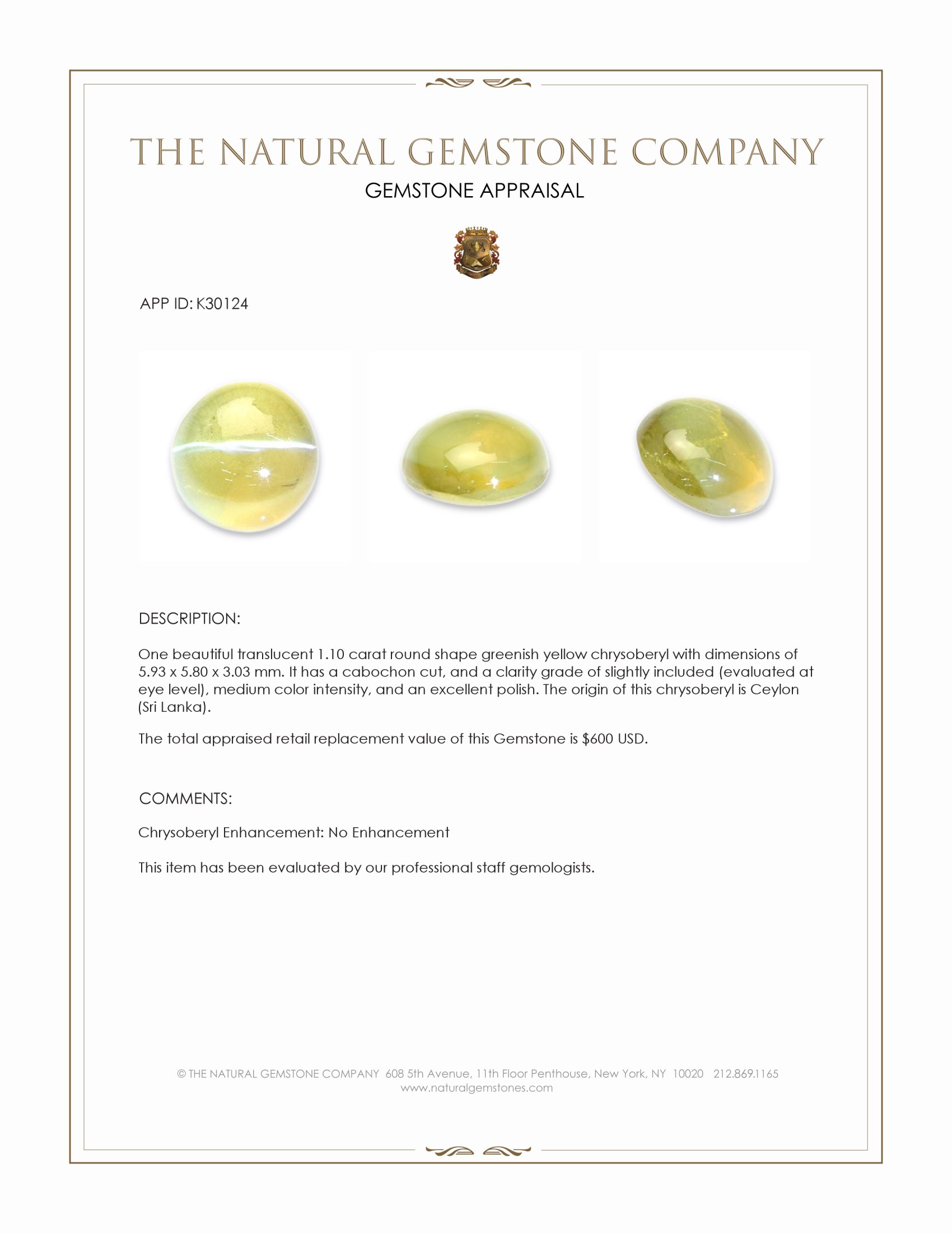 1.10 Ct. Greenish Yellow Cabochon Chrysoberyl from Ceylon (Sri Lanka)