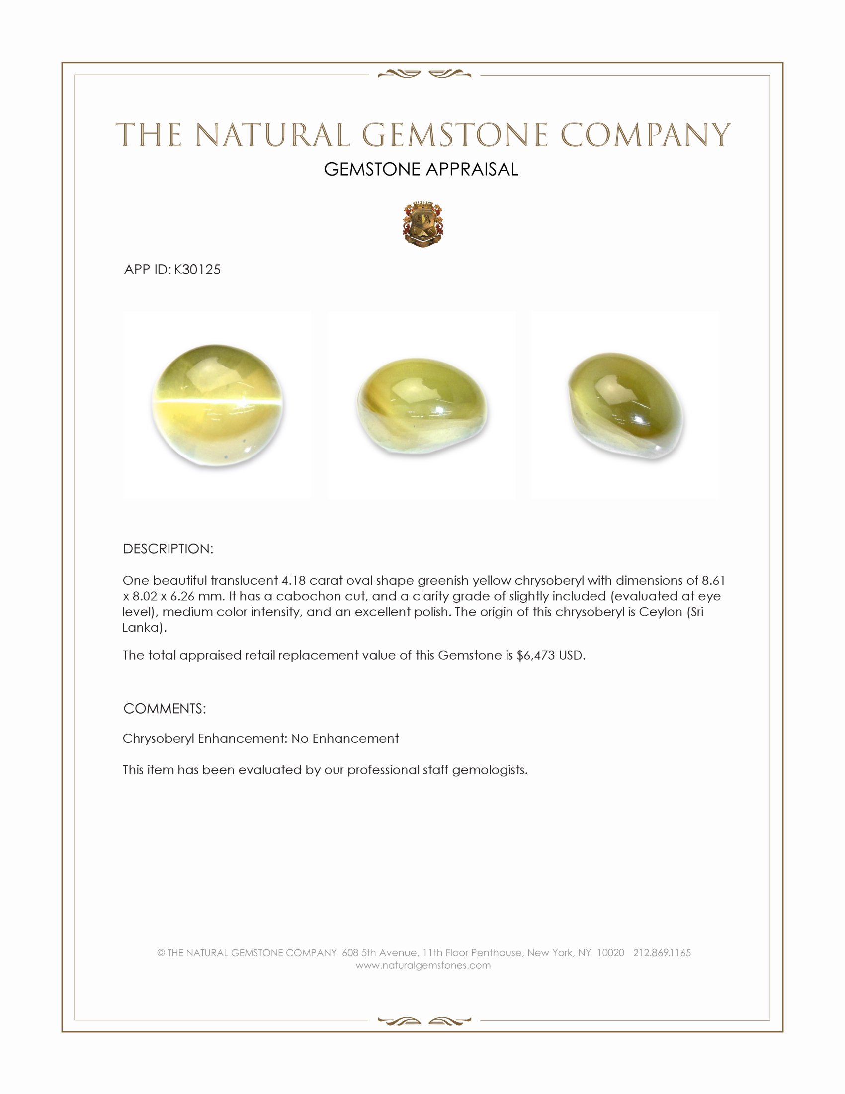 4.18 Ct. Greenish Yellow Cabochon Chrysoberyl from Ceylon (Sri Lanka)