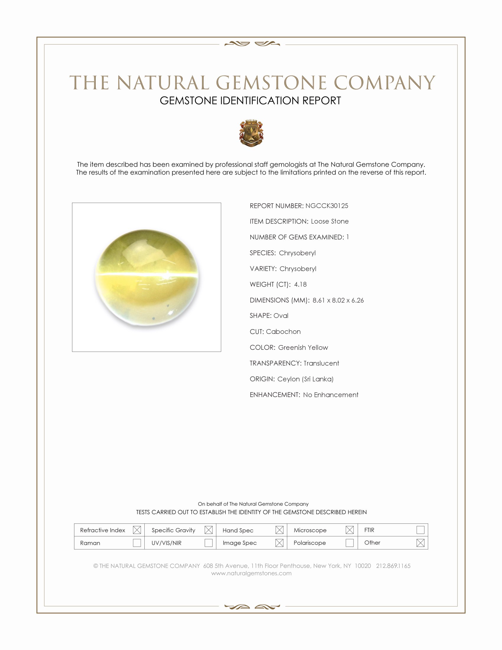 4.18 Ct. Greenish Yellow Cabochon Chrysoberyl from Ceylon (Sri Lanka)