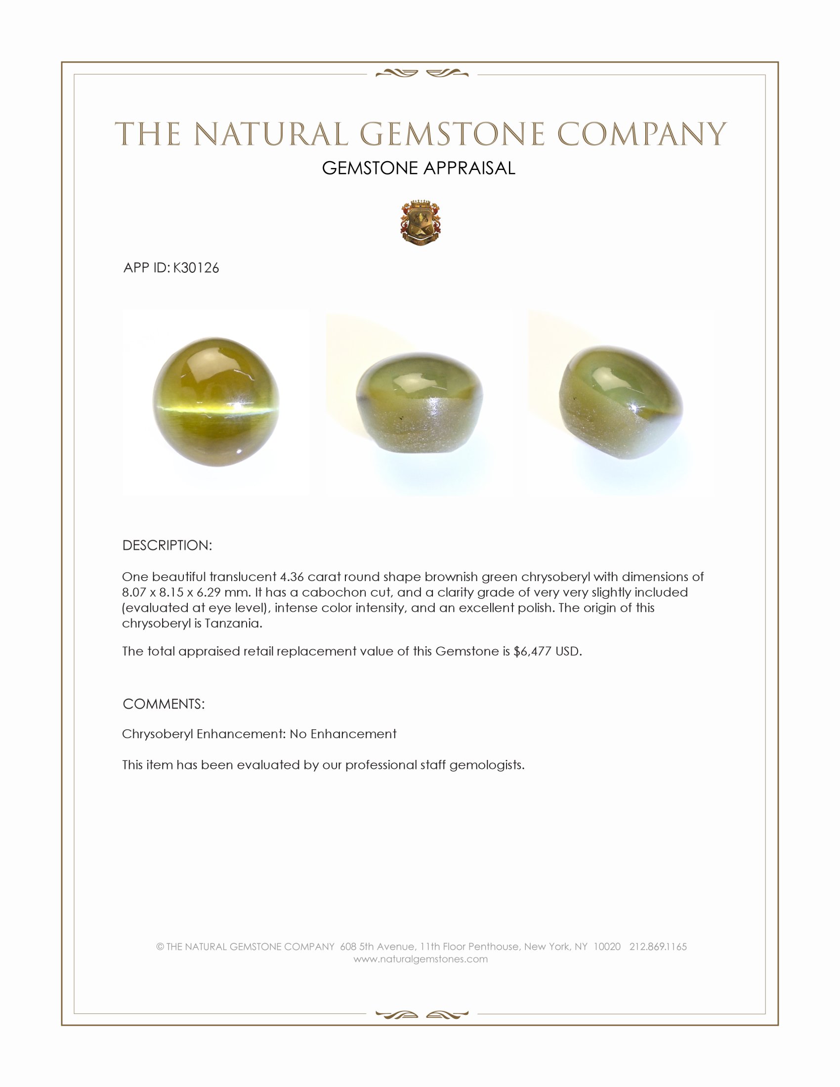 4.36 Ct. Brownish Green Cabochon Chrysoberyl from Tanzania