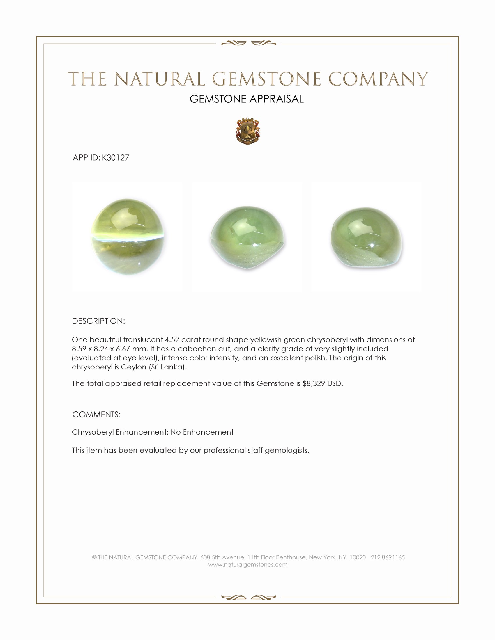 4.52 Ct. Yellowish Green Cabochon Chrysoberyl from Ceylon (Sri Lanka)