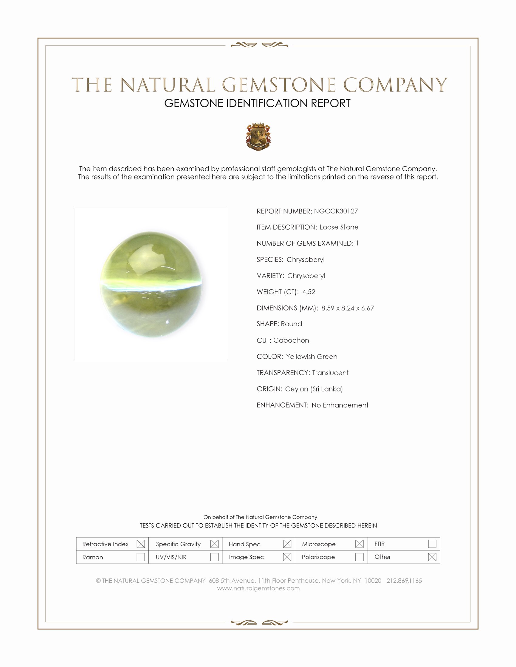 4.52 Ct. Yellowish Green Cabochon Chrysoberyl from Ceylon (Sri Lanka)