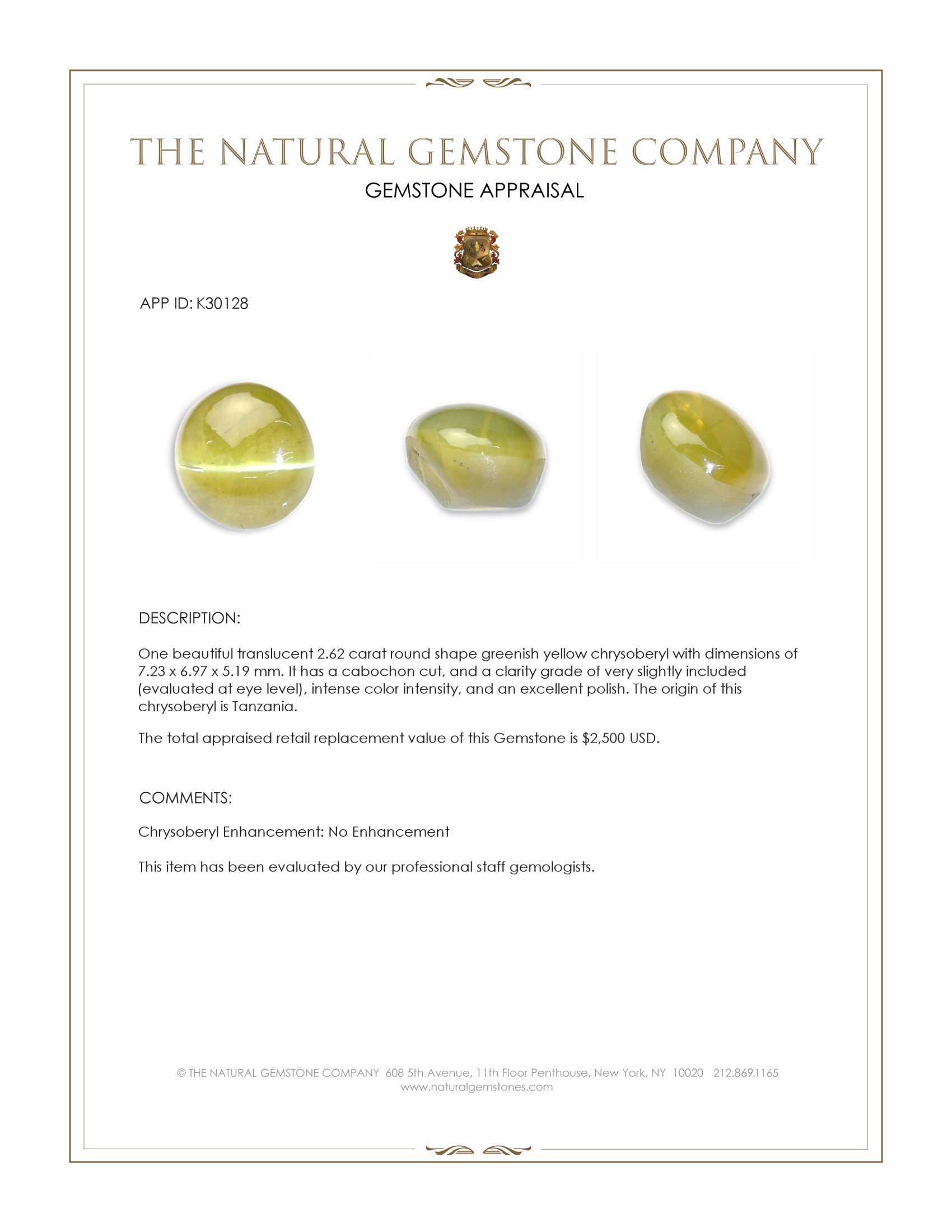 2.62 Ct. Greenish Yellow Cabochon Chrysoberyl from Tanzania