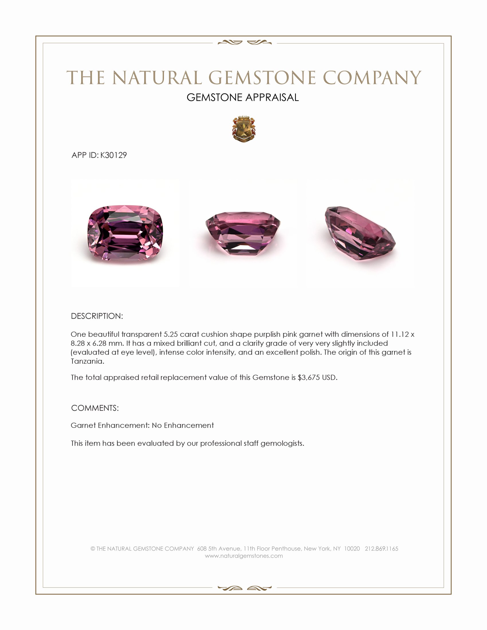 5.25 Ct. Purplish Pink Garnet from Tanzania