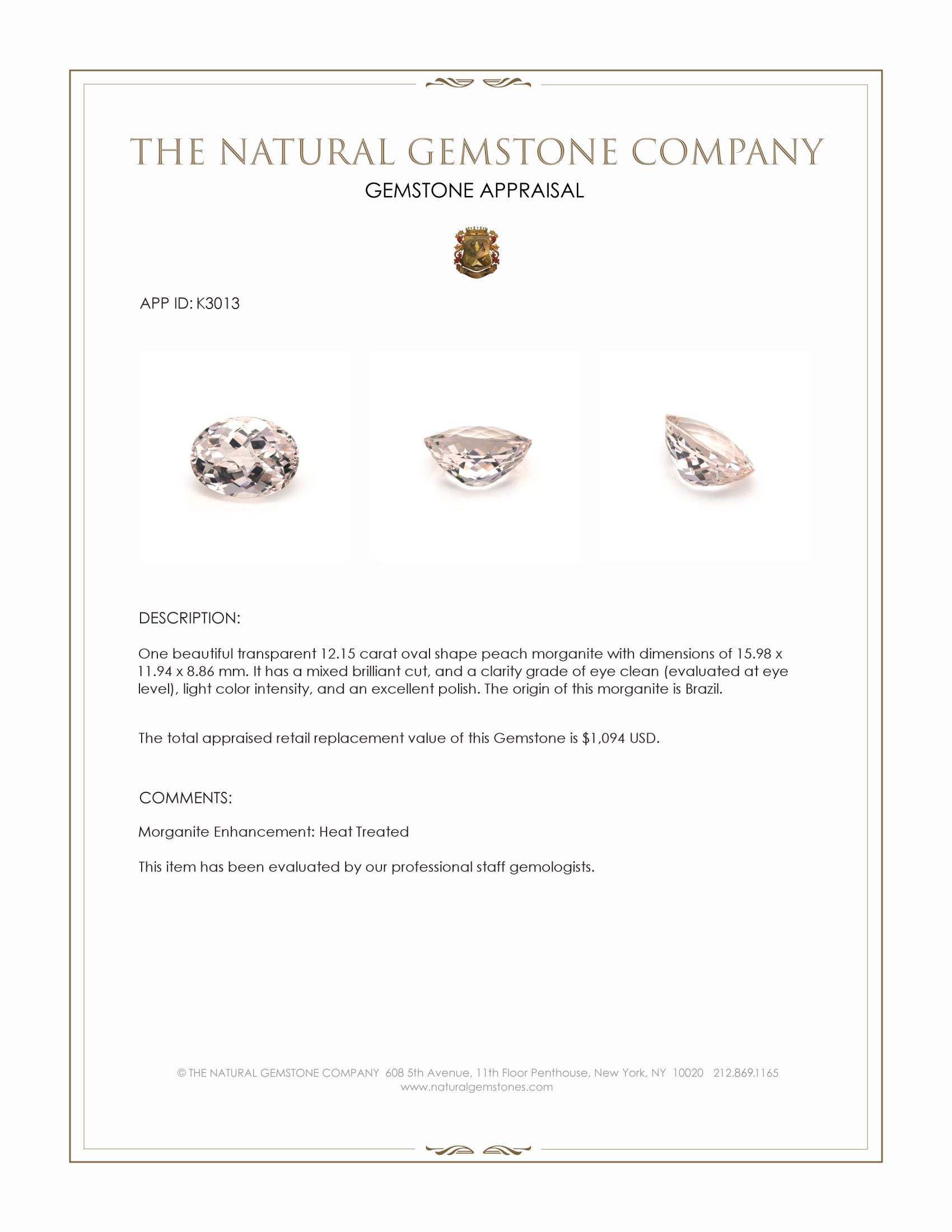 12.15 Ct. Morganite from Brazil