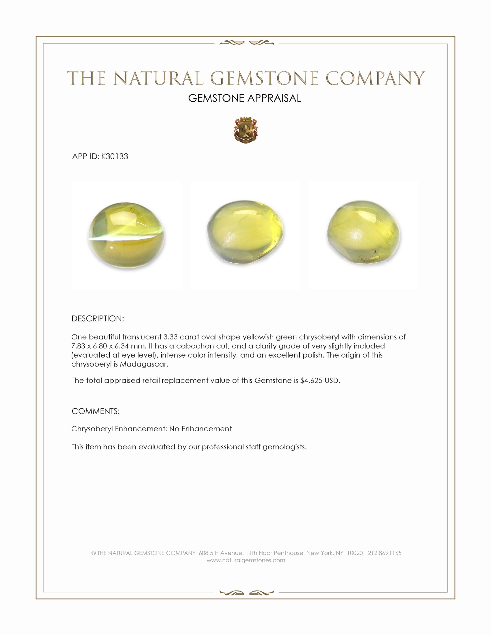 3.33 Ct. Yellowish Green Cabochon Chrysoberyl from Madagascar