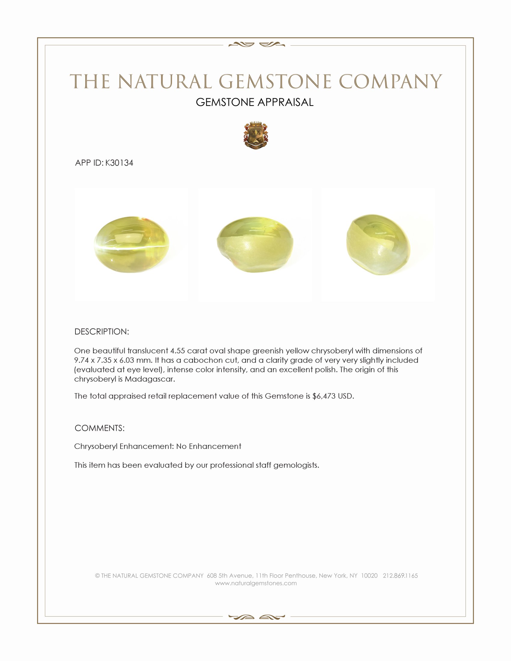 4.55 Ct. Greenish Yellow Cabochon Chrysoberyl from Madagascar