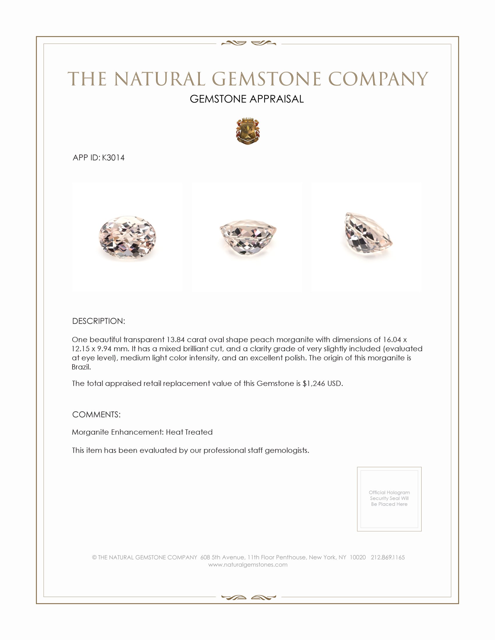 13.84 Ct. Morganite from Brazil