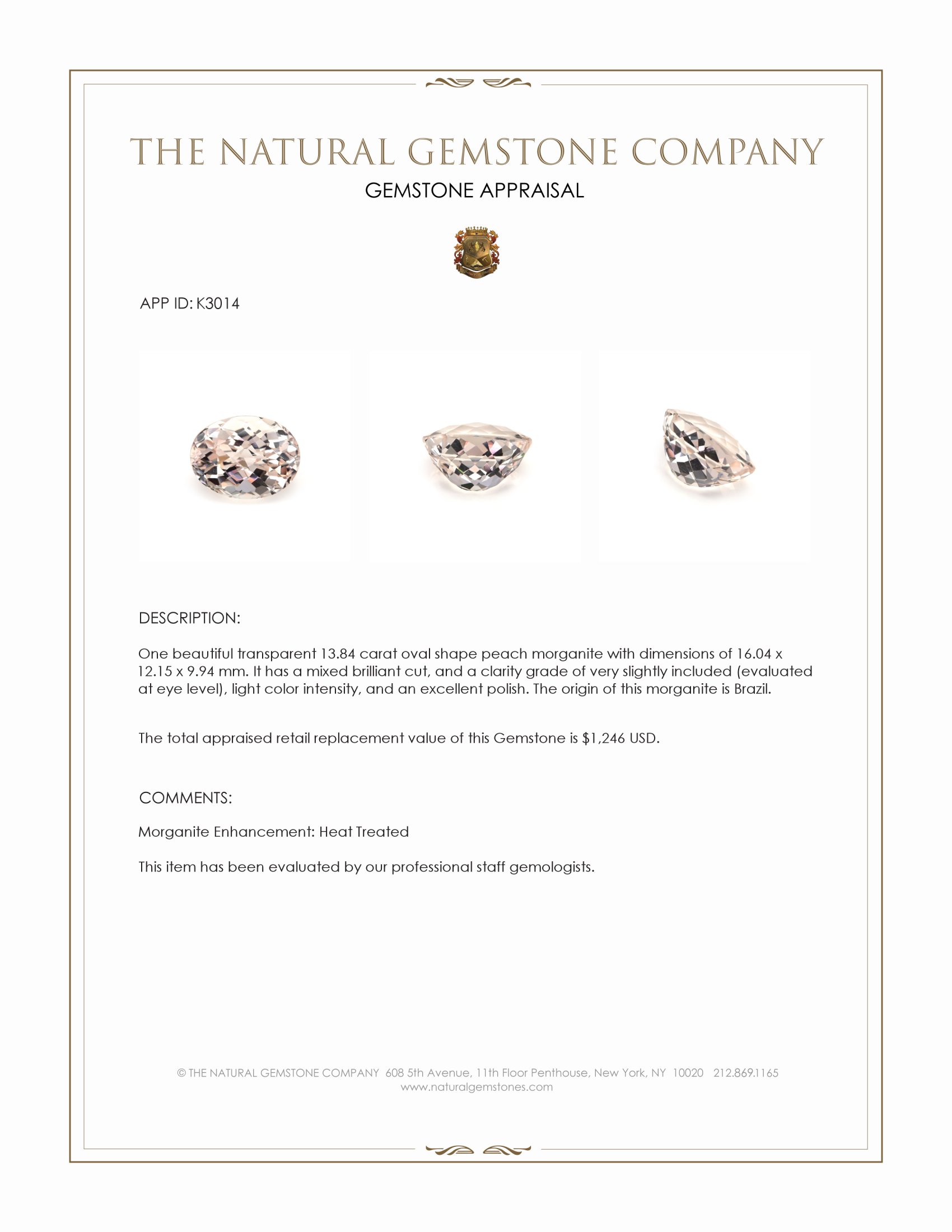 13.84 Ct. Morganite from Brazil