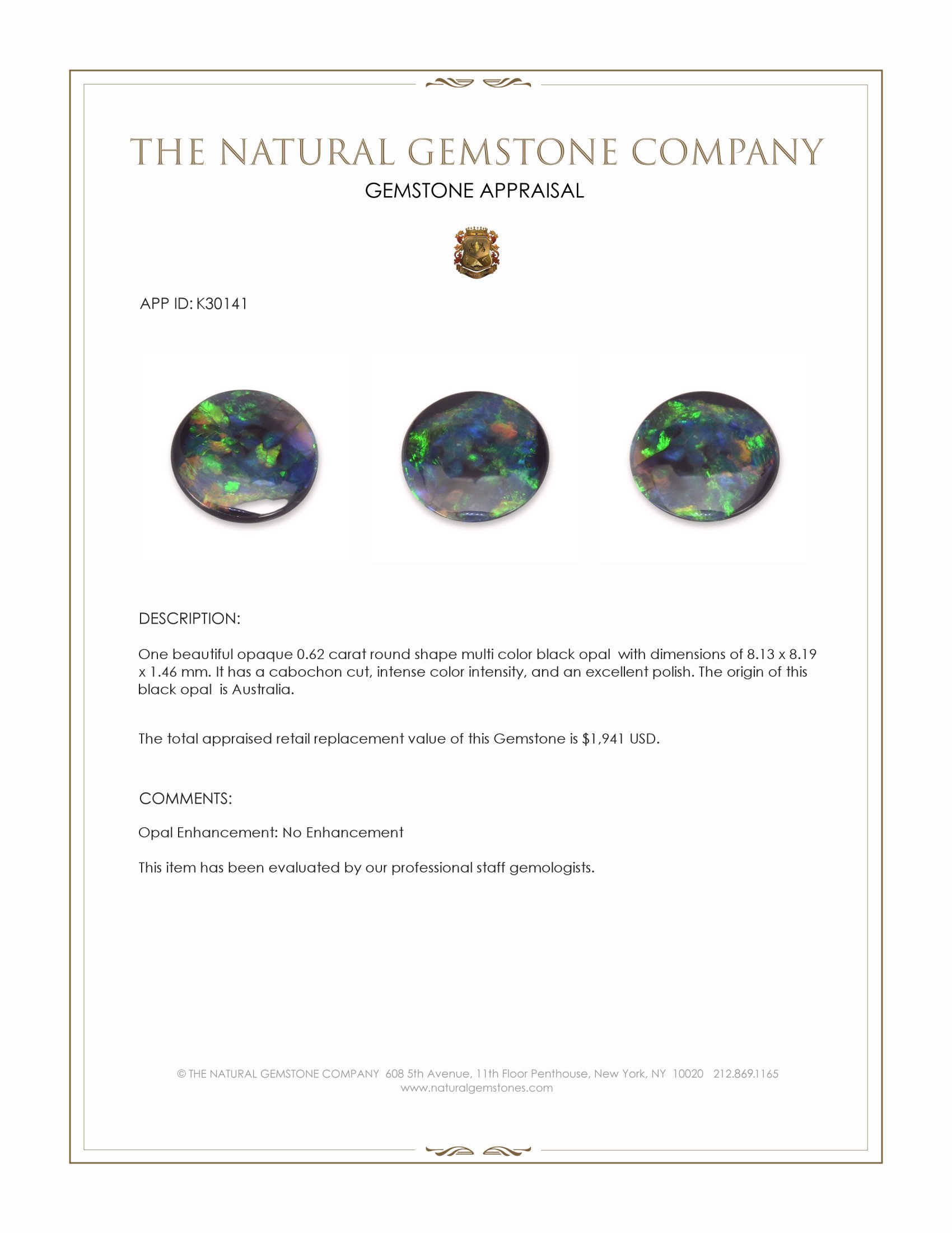 0.62 Ct. Multi Color Cabochon Black Opal (Dark Opal) from Australia
