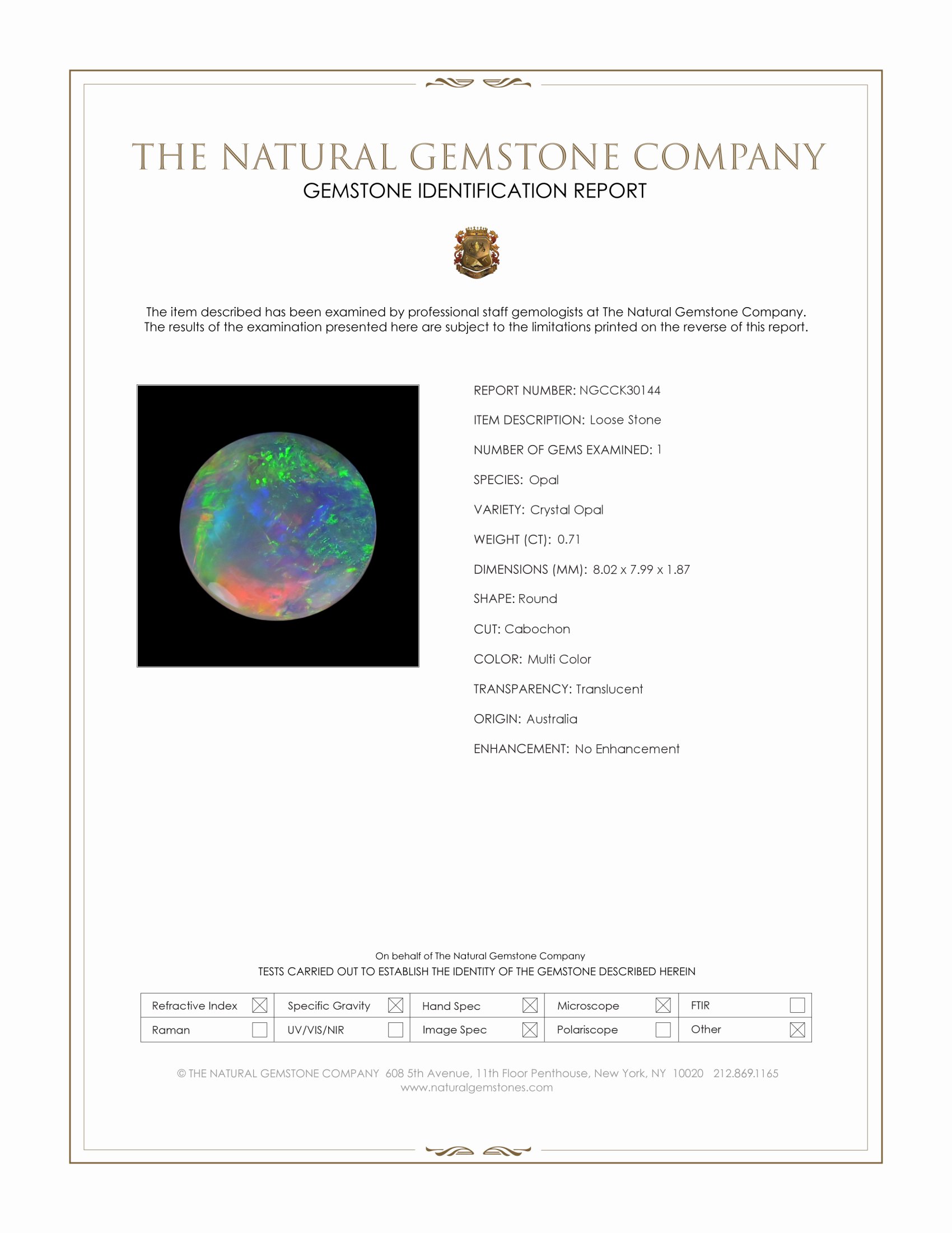 0.71 Ct. Multi Color Cabochon Crystal Opal (Jelly Opal) from Australia