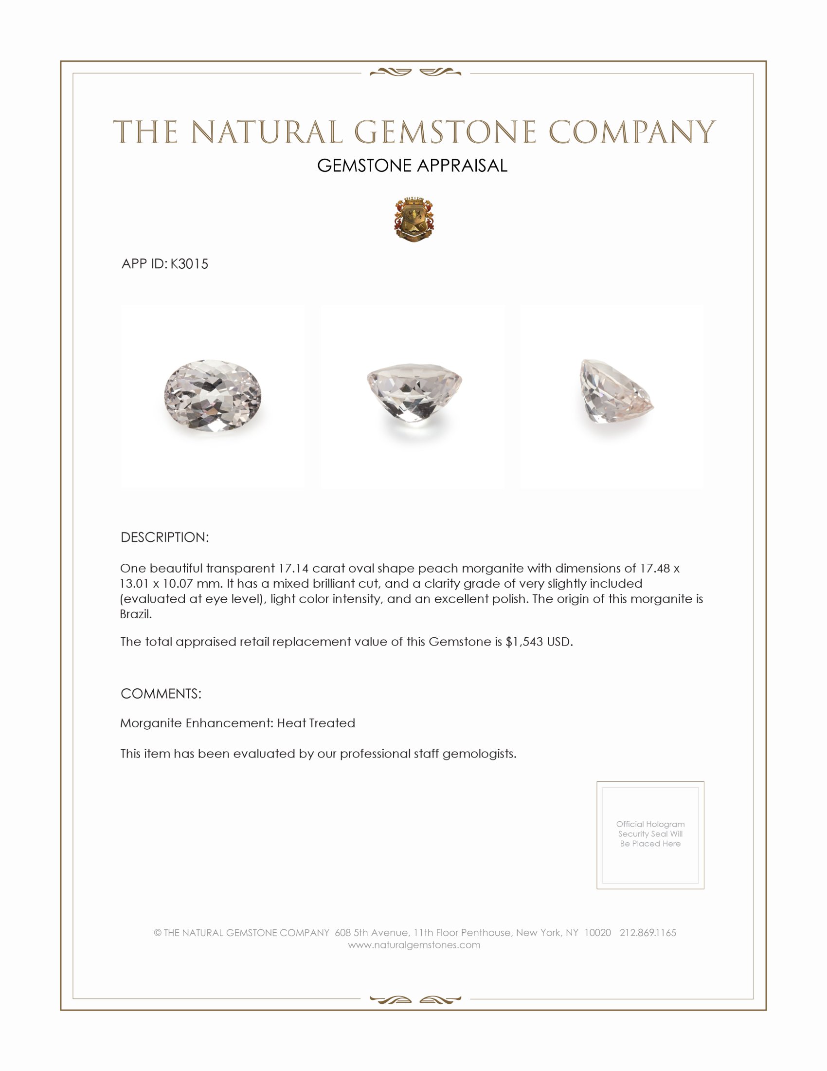 17.14 Ct. Morganite from Brazil