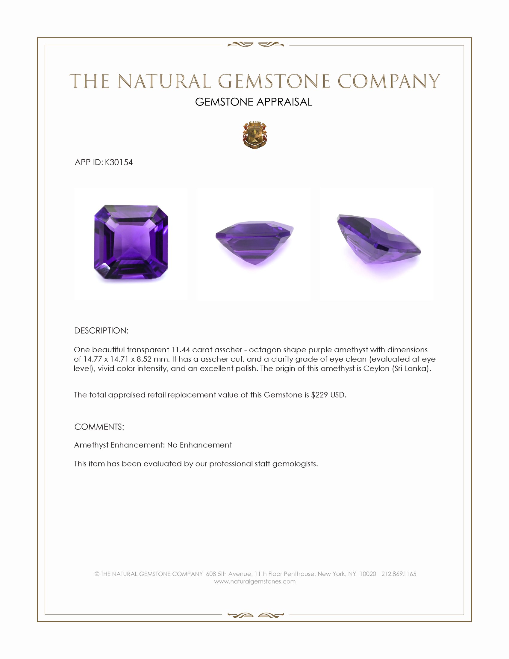 11.44 Ct. Purple Amethyst from Ceylon (Sri Lanka)