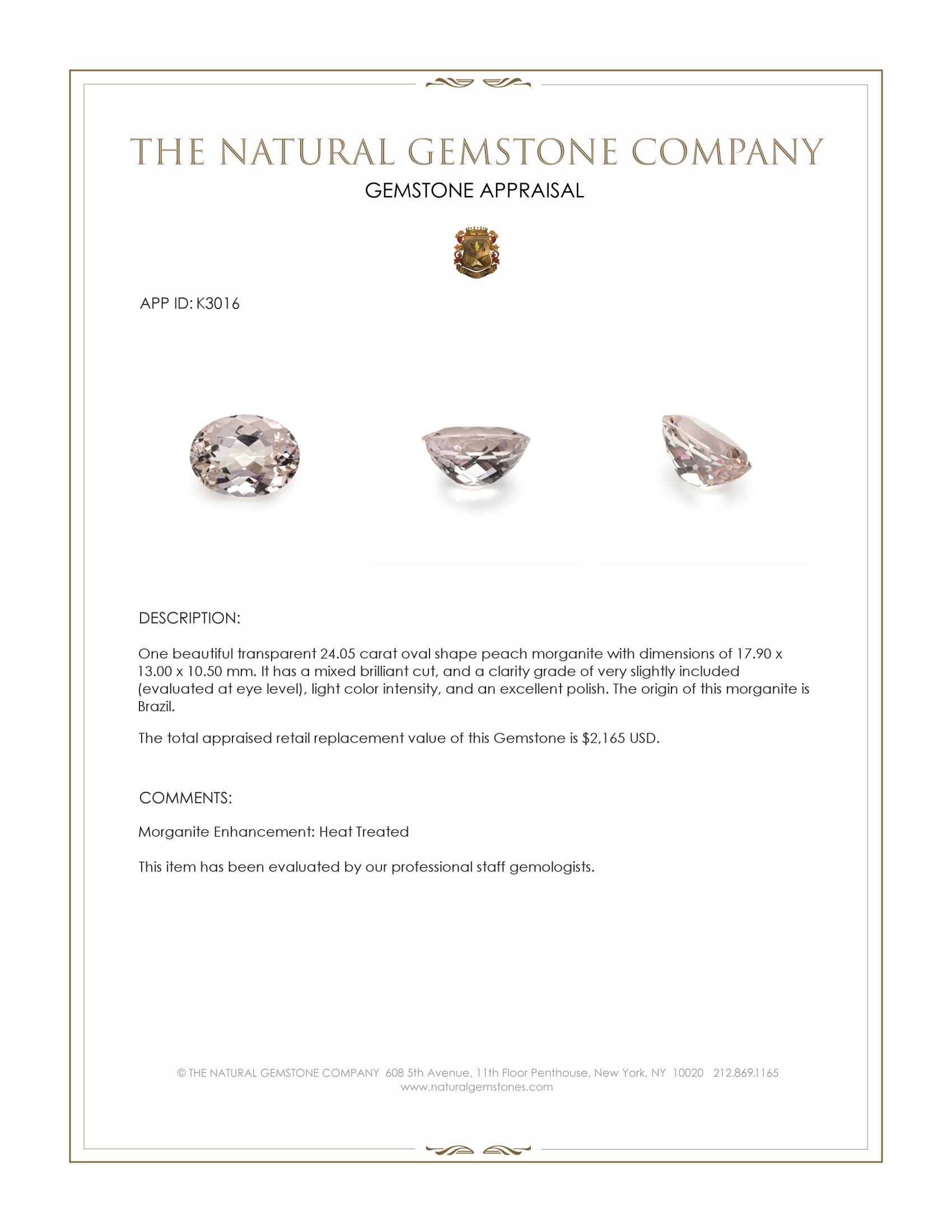 24.05 Ct. Peach Morganite from Brazil