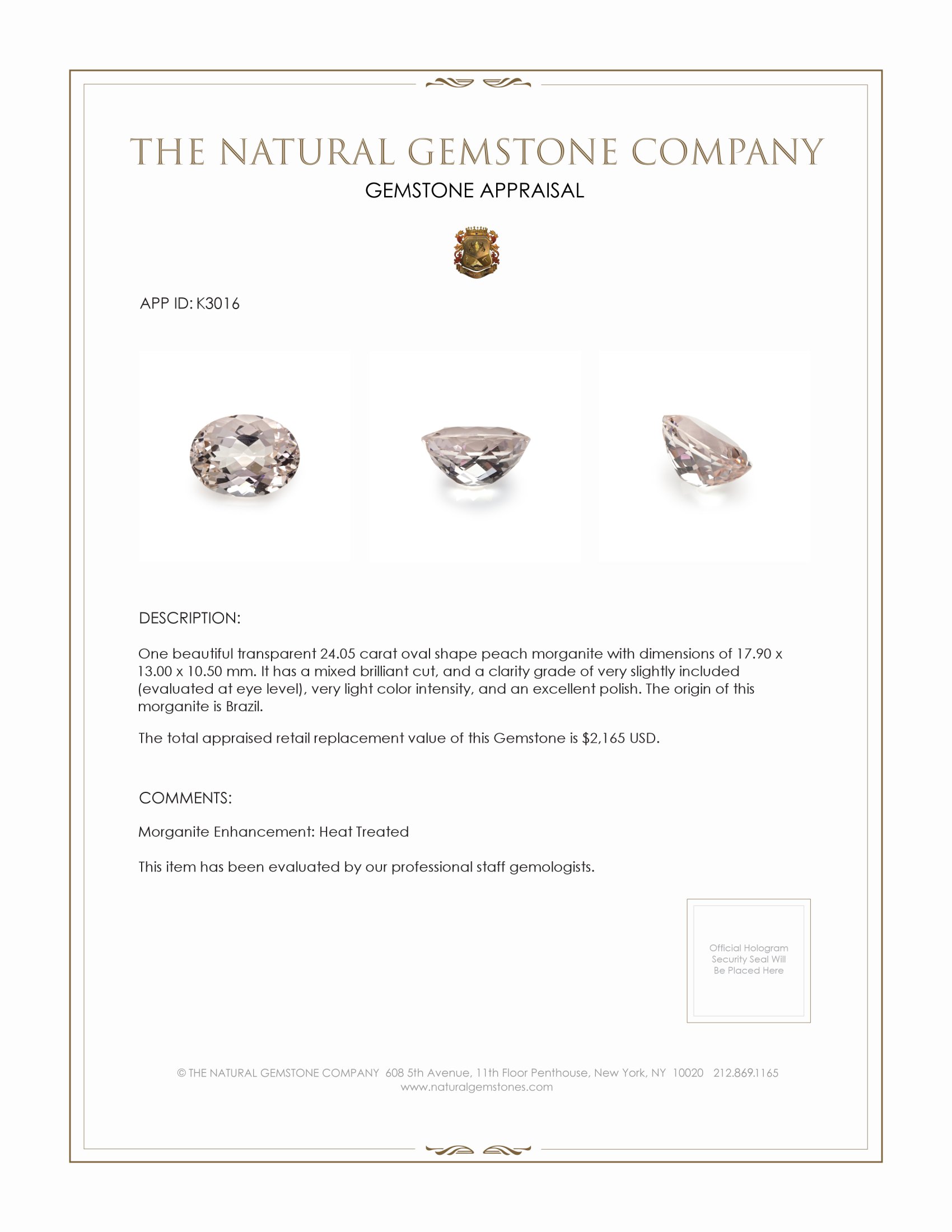 24.05 Ct. Morganite from Brazil
