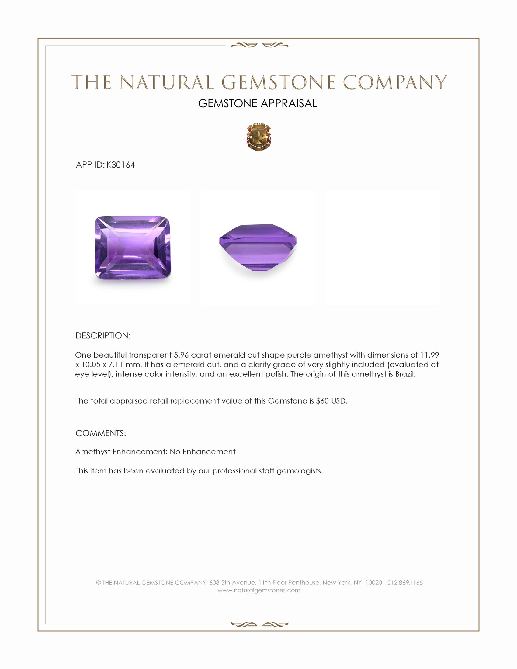 5.96 Ct. Purple Amethyst from Brazil
