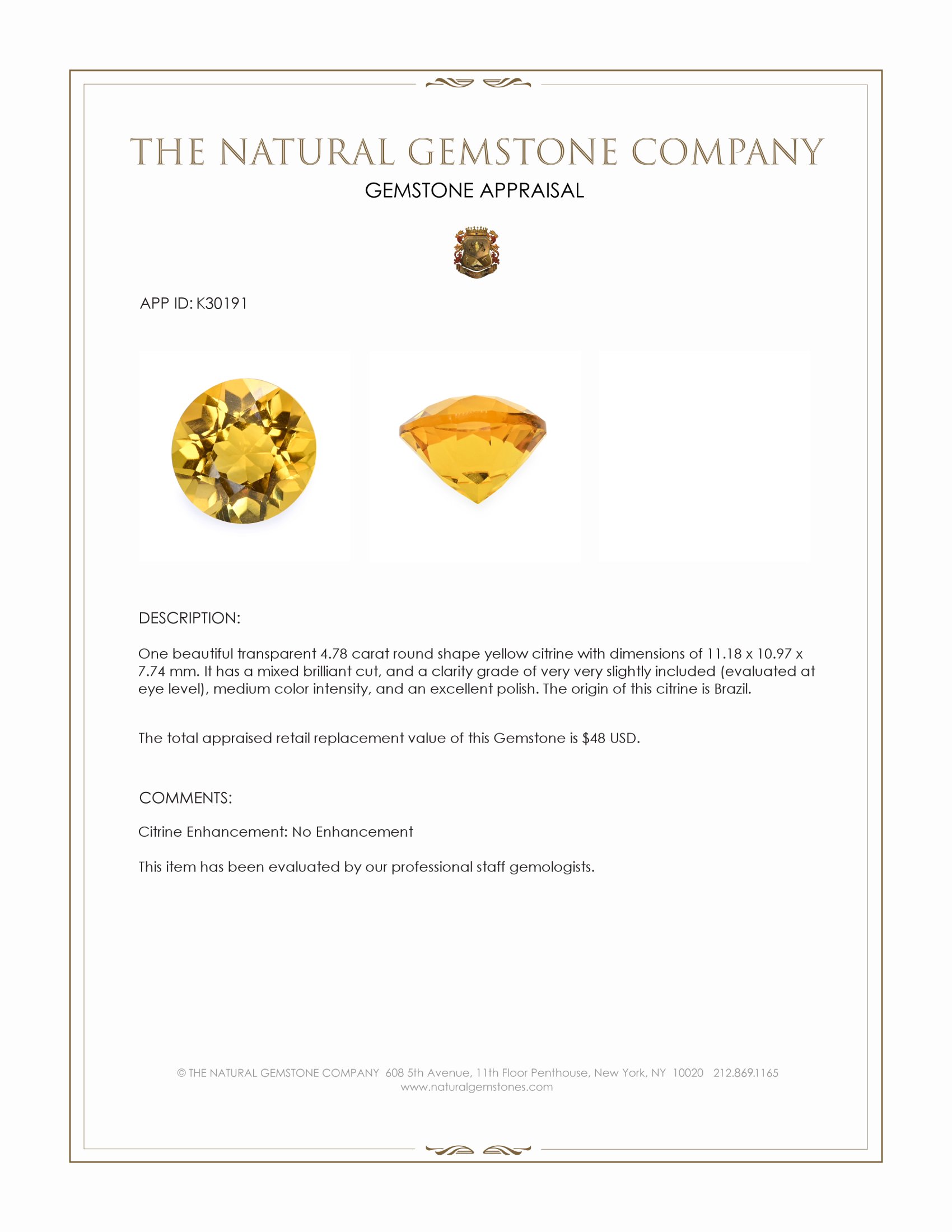 4.78 Ct. Yellow Citrine from Brazil