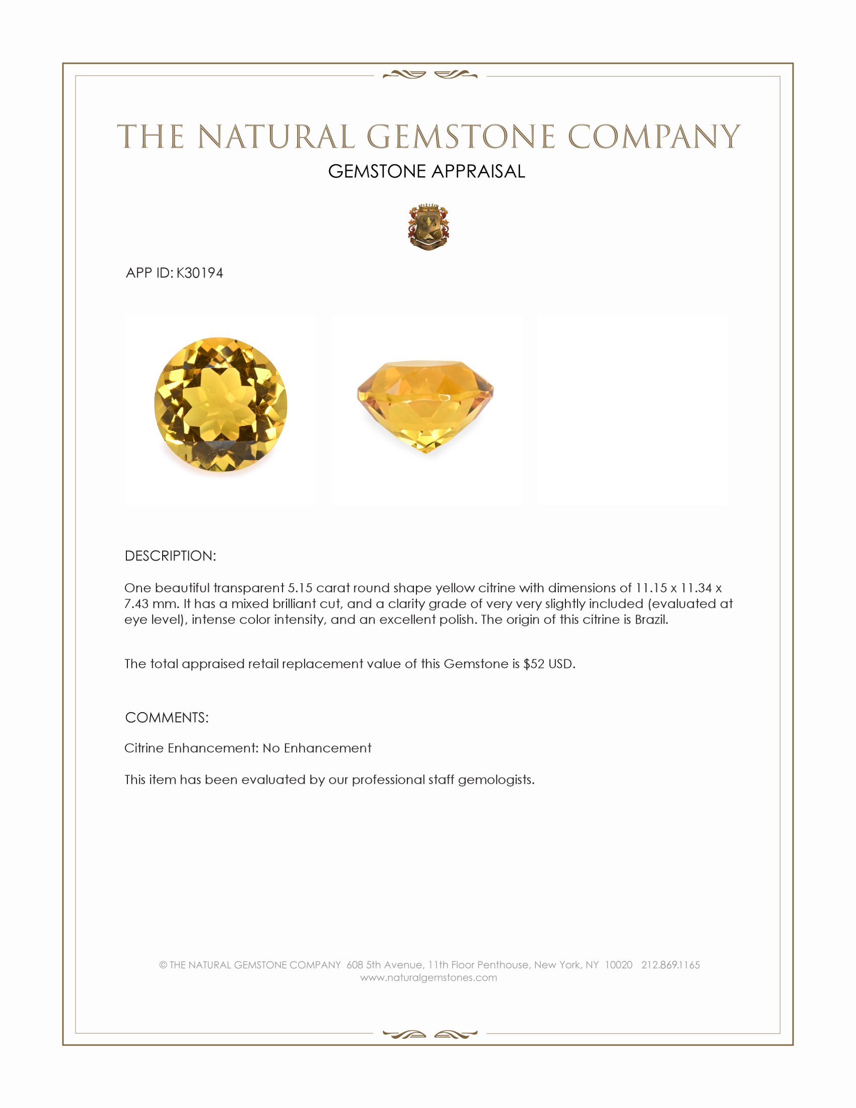 5.15 Ct. Yellow Citrine from Brazil