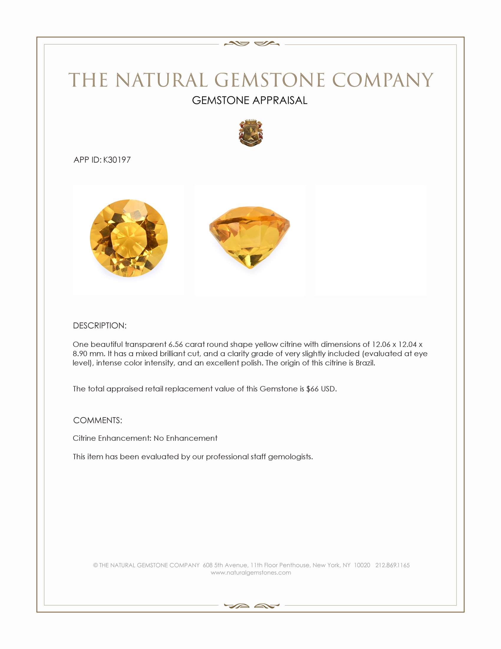 6.56 Ct. Yellow Citrine from Brazil