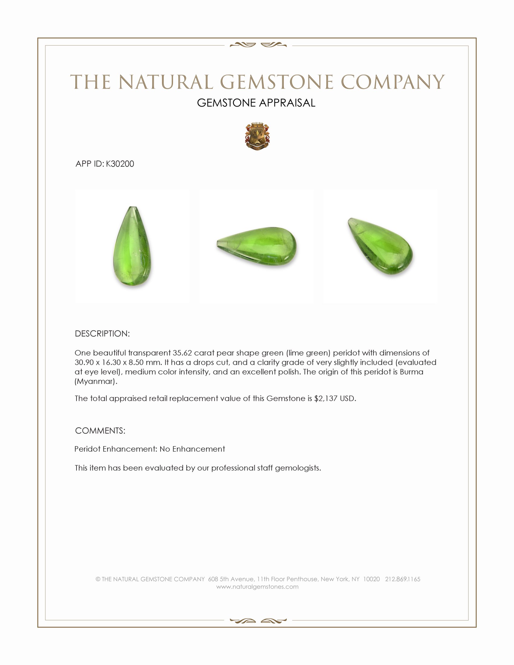 35.62 Ct. Green (Lime Green) Peridot from Burma (Myanmar)