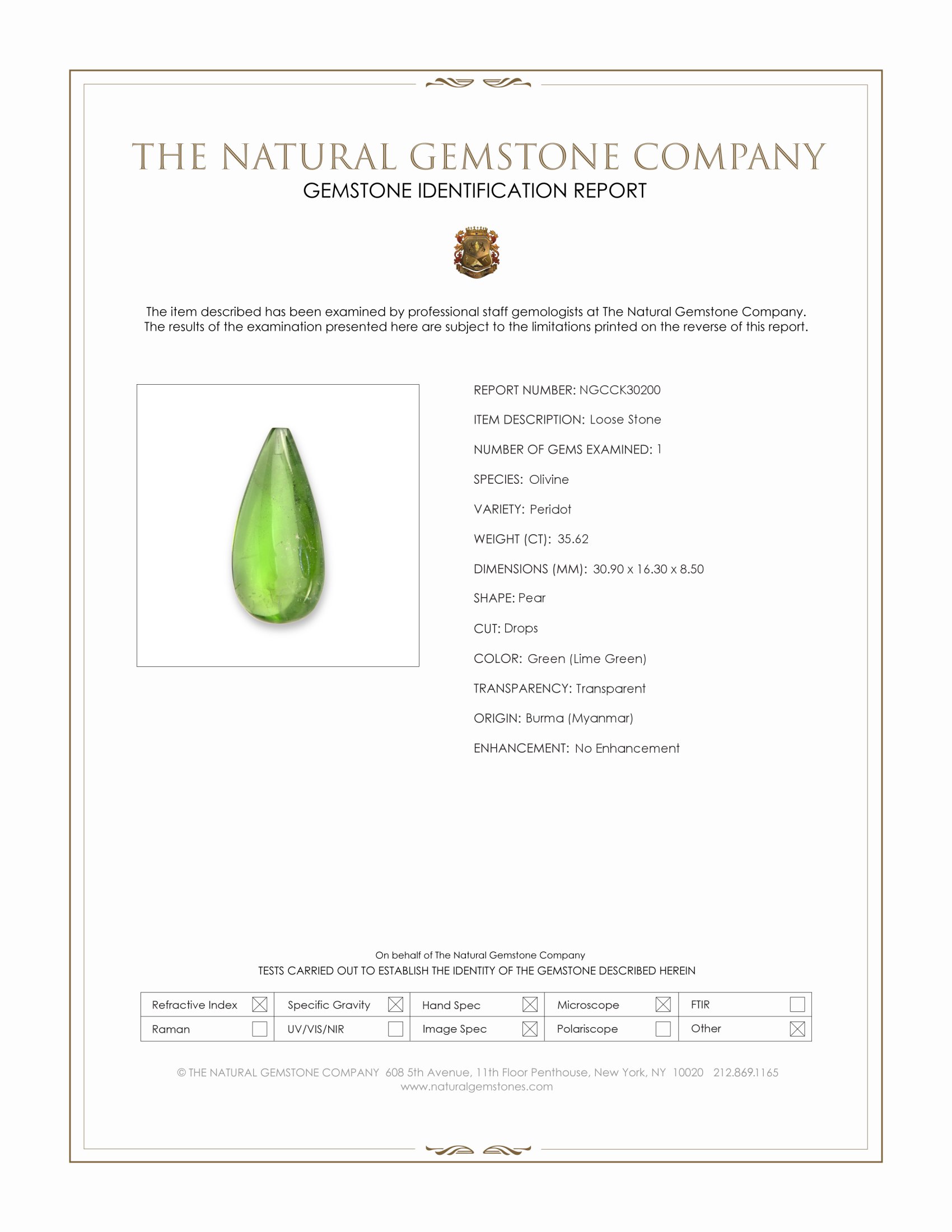35.62 Ct. Green (Lime Green) Peridot from Burma (Myanmar)