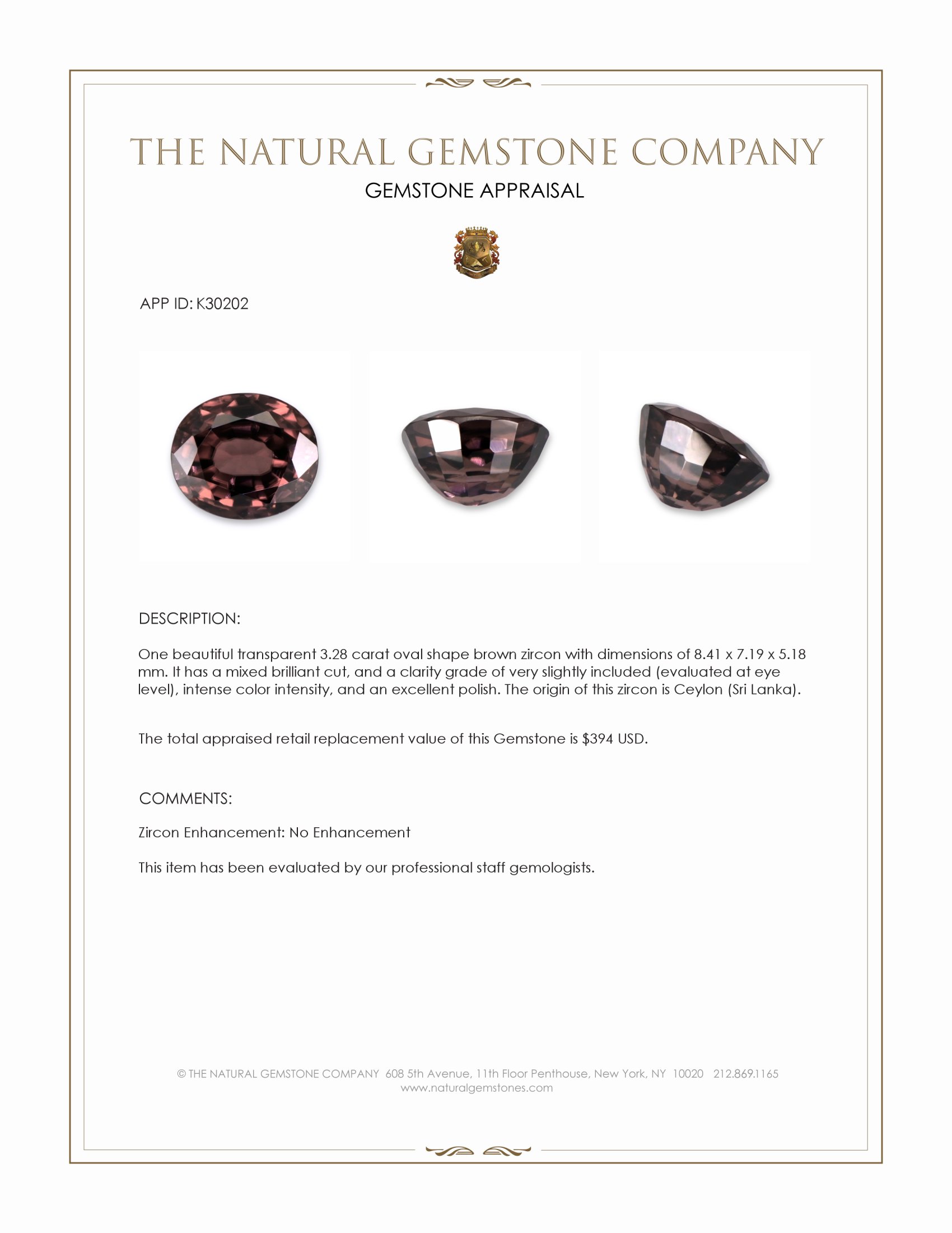 3.28 Ct. Brown Zircon from Ceylon (Sri Lanka)