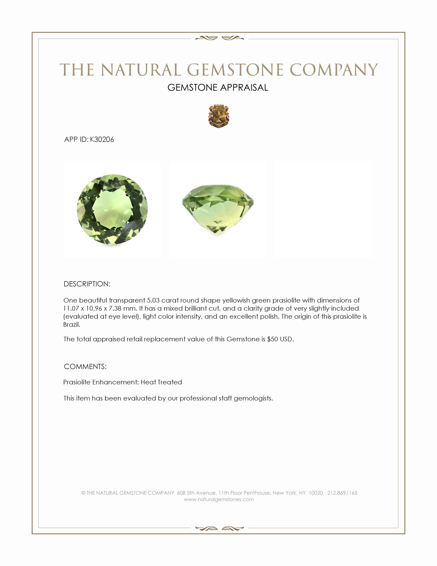 5.03 Ct. Yellowish Green Prasiolite from Brazil